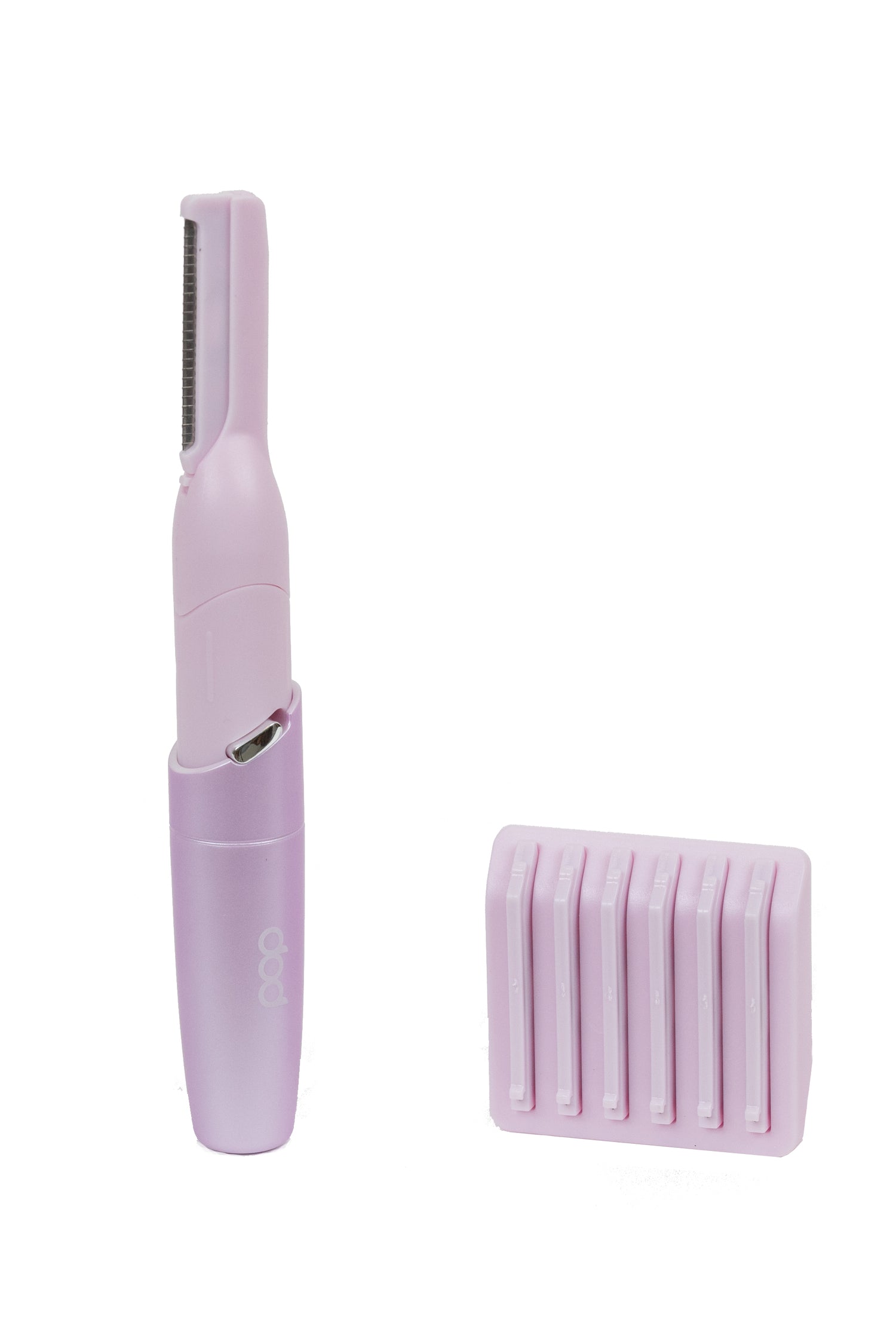 Purple Hair Planer tool with a 6-pack of replacement razor blades on a white background