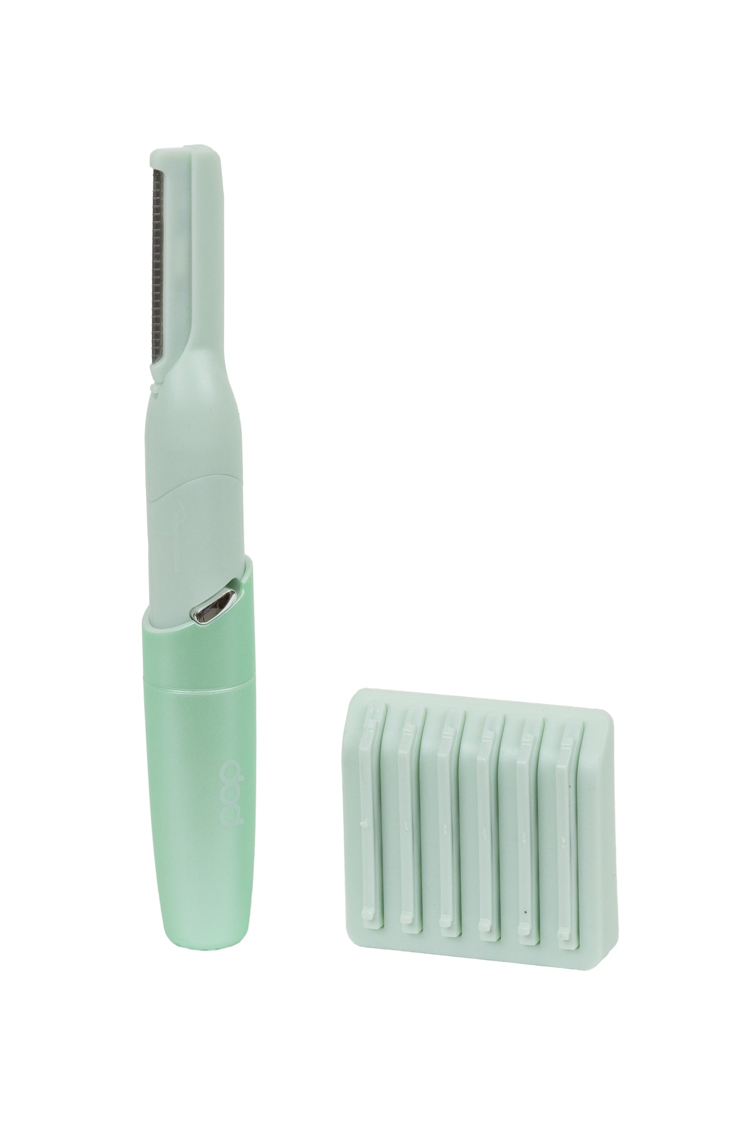 Green Hair Planer tool with a 6-pack of replacement razor blades on a white background