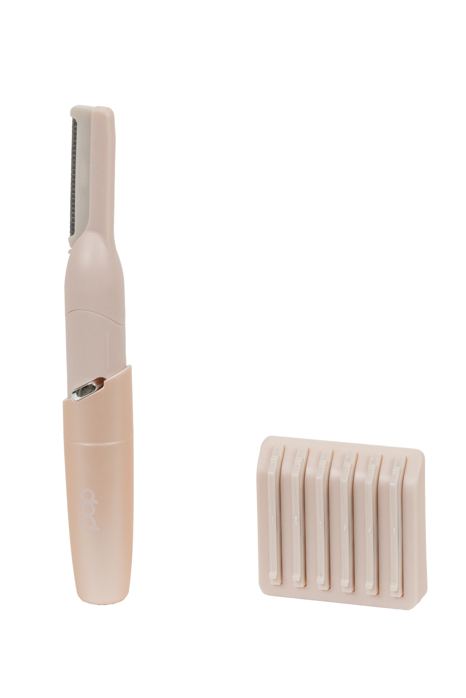 Pink Hair Planer tool with a 6-pack of replacement razor blades on a white background