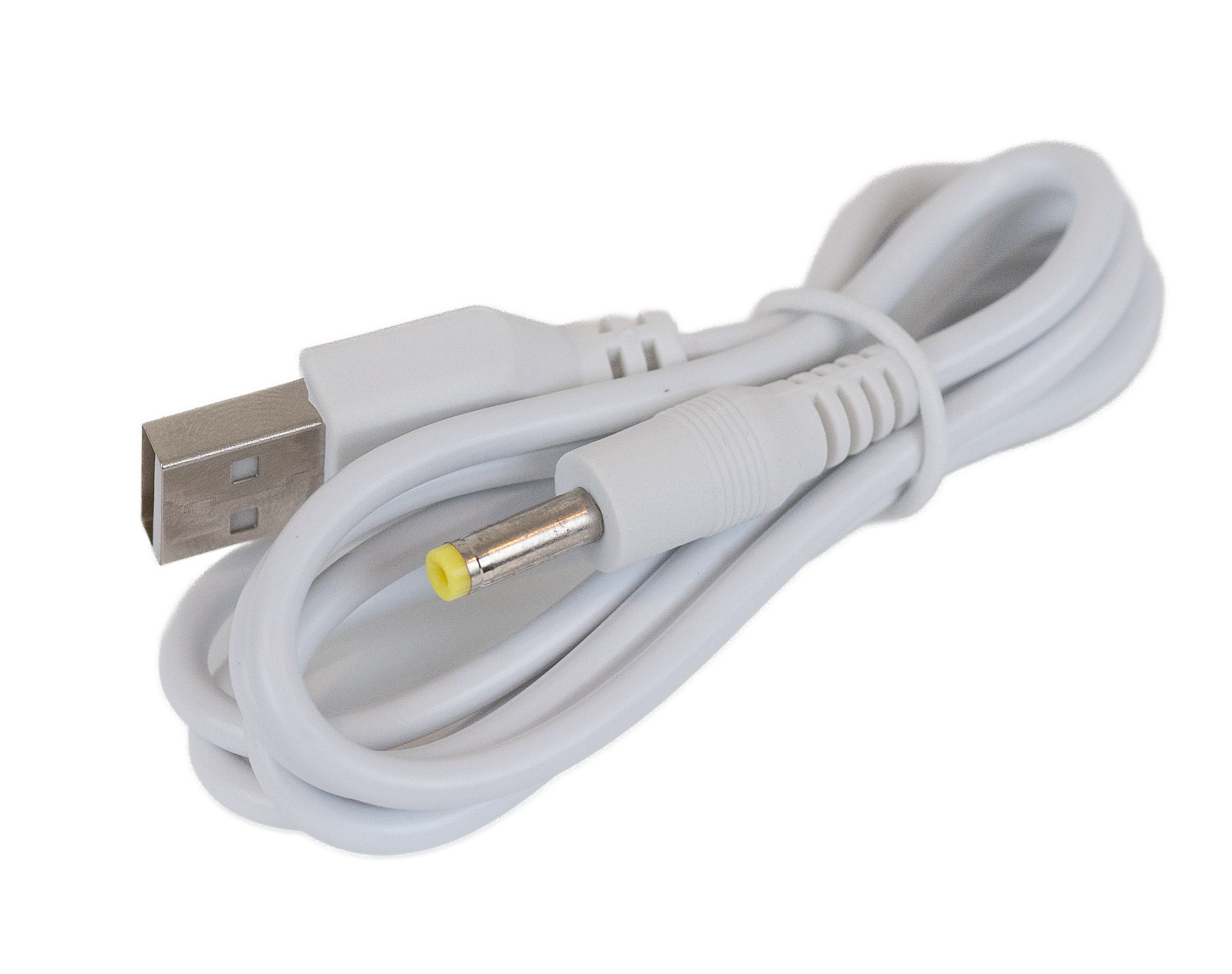 White USB cable with a plug on a white background