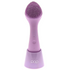 Purple facial cleansing brush with charging stand on a white background
