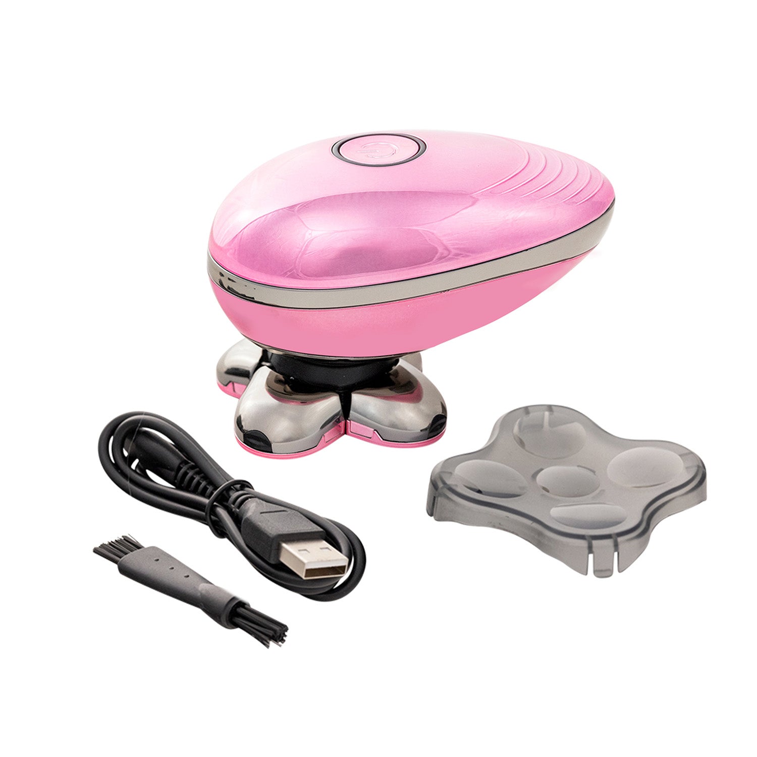 Pink shaving device with a black USB cord, black brush, and a black cover for the blades, with a white background