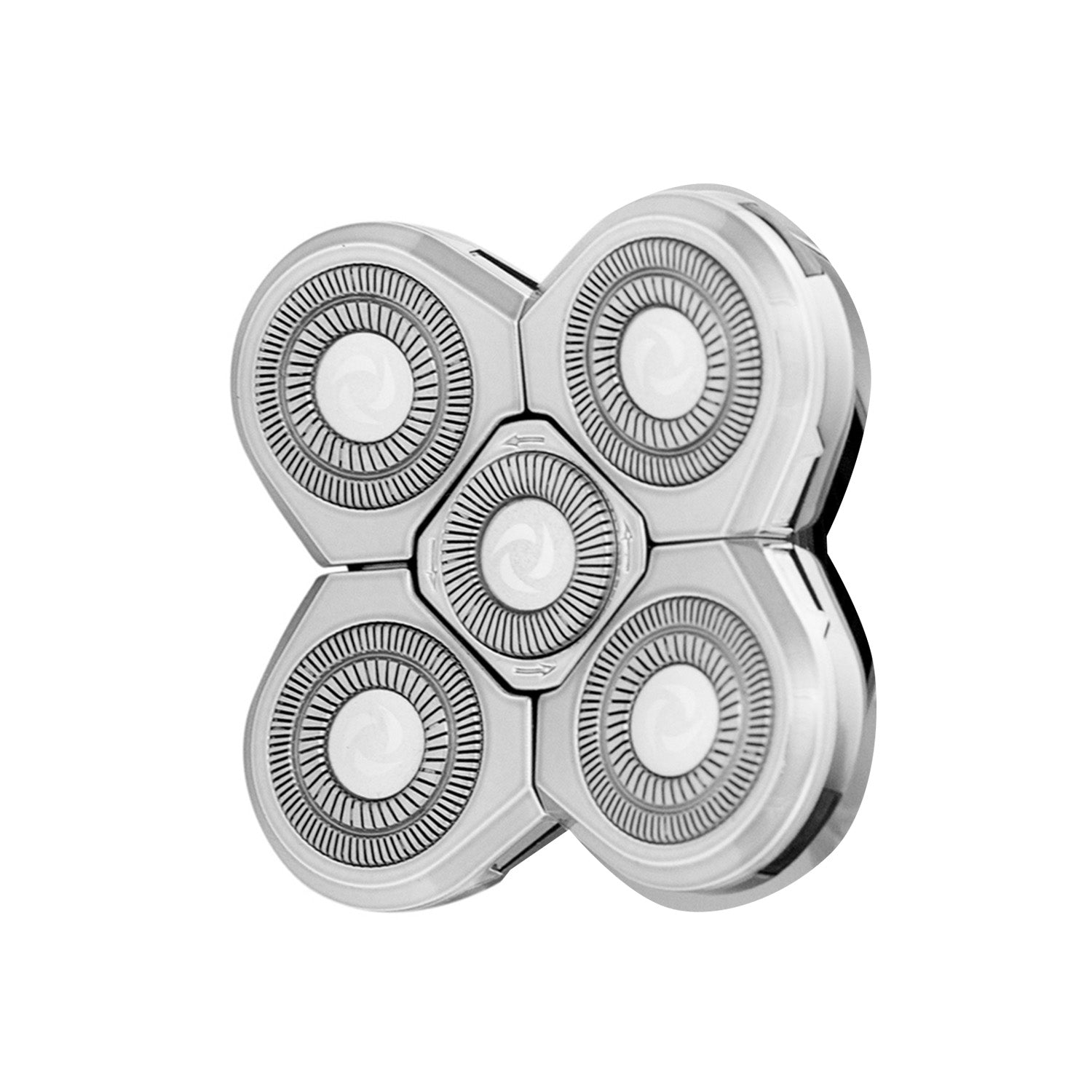 Silver electric shaver head on a white background