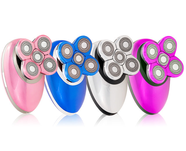 Four electric shavers in pink, blue, silver, and purple on a white background