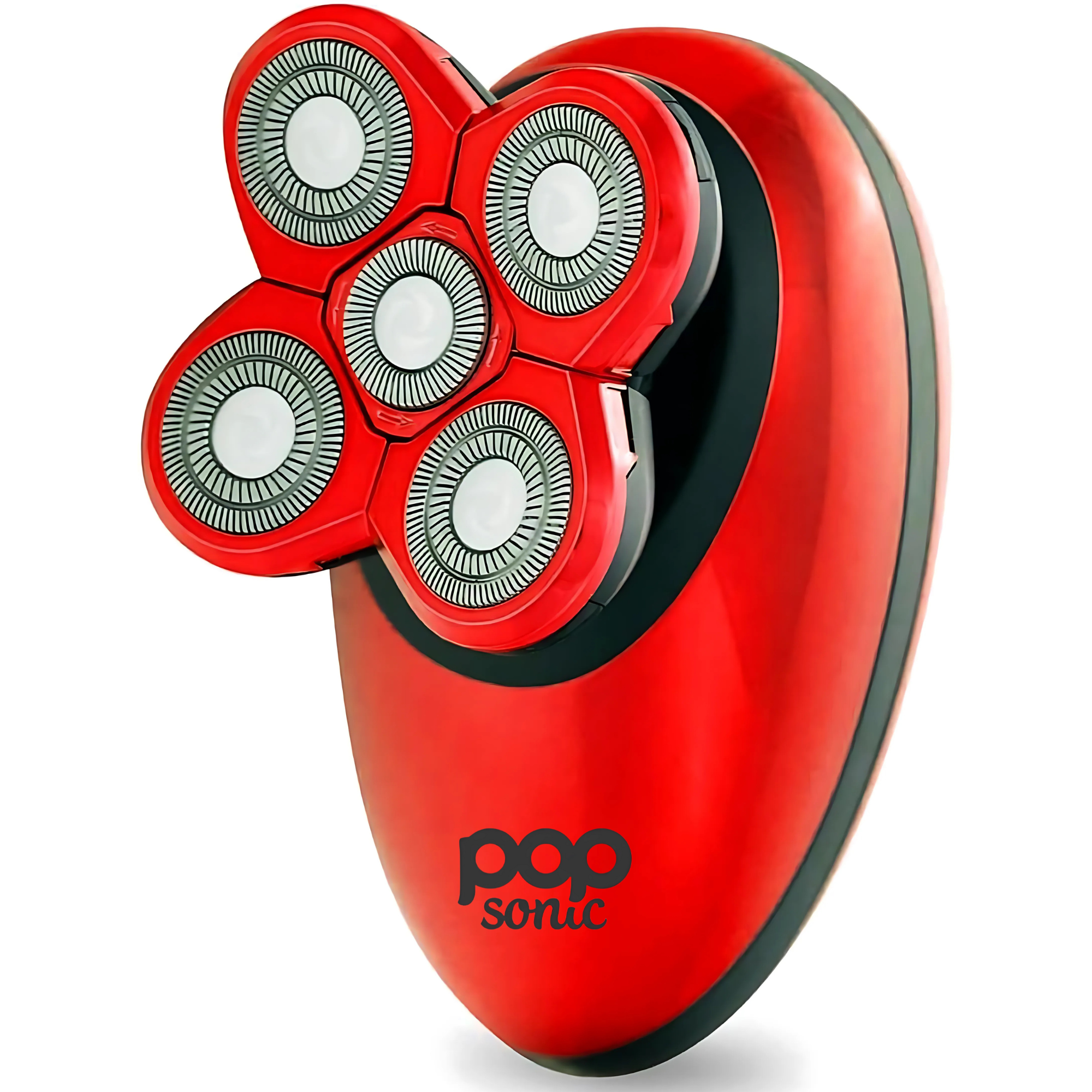 Red electric shaver with multiple heads on a white background, featuring the brand &