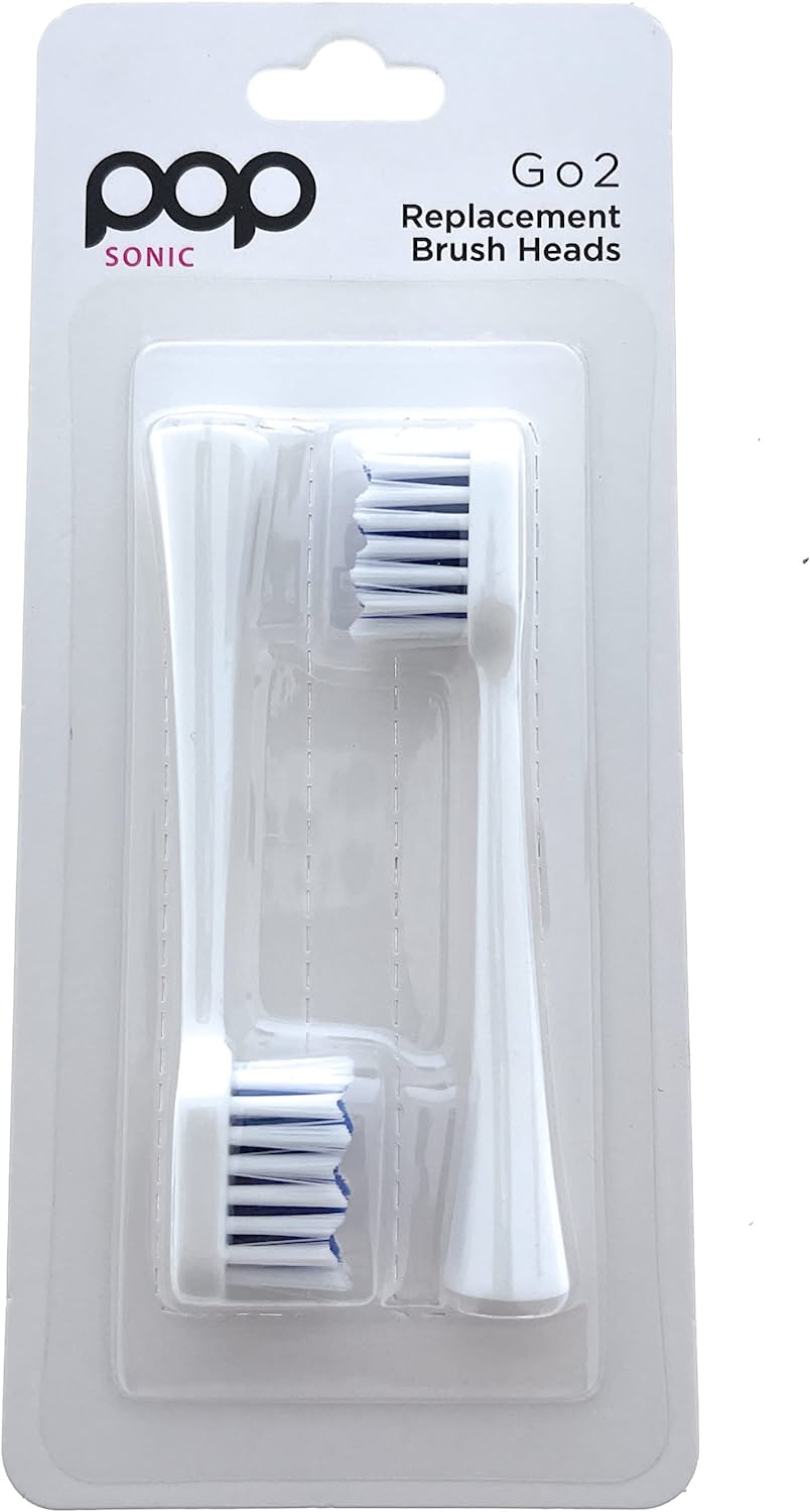 Packaging of Pop Sonic Go2 replacement brush heads with two white brushes inside.