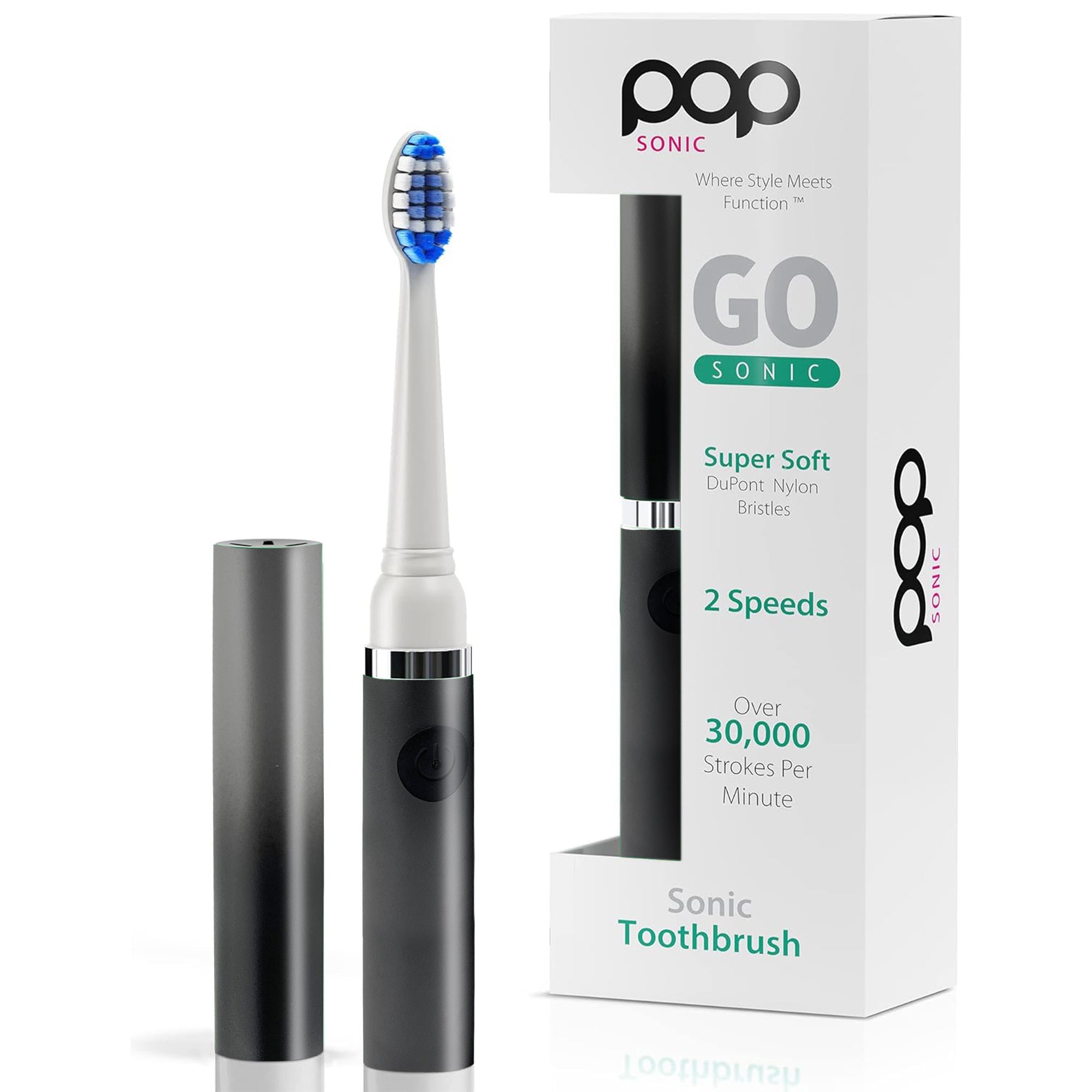 Black ombre sonic toothbrush with packaging on a white background