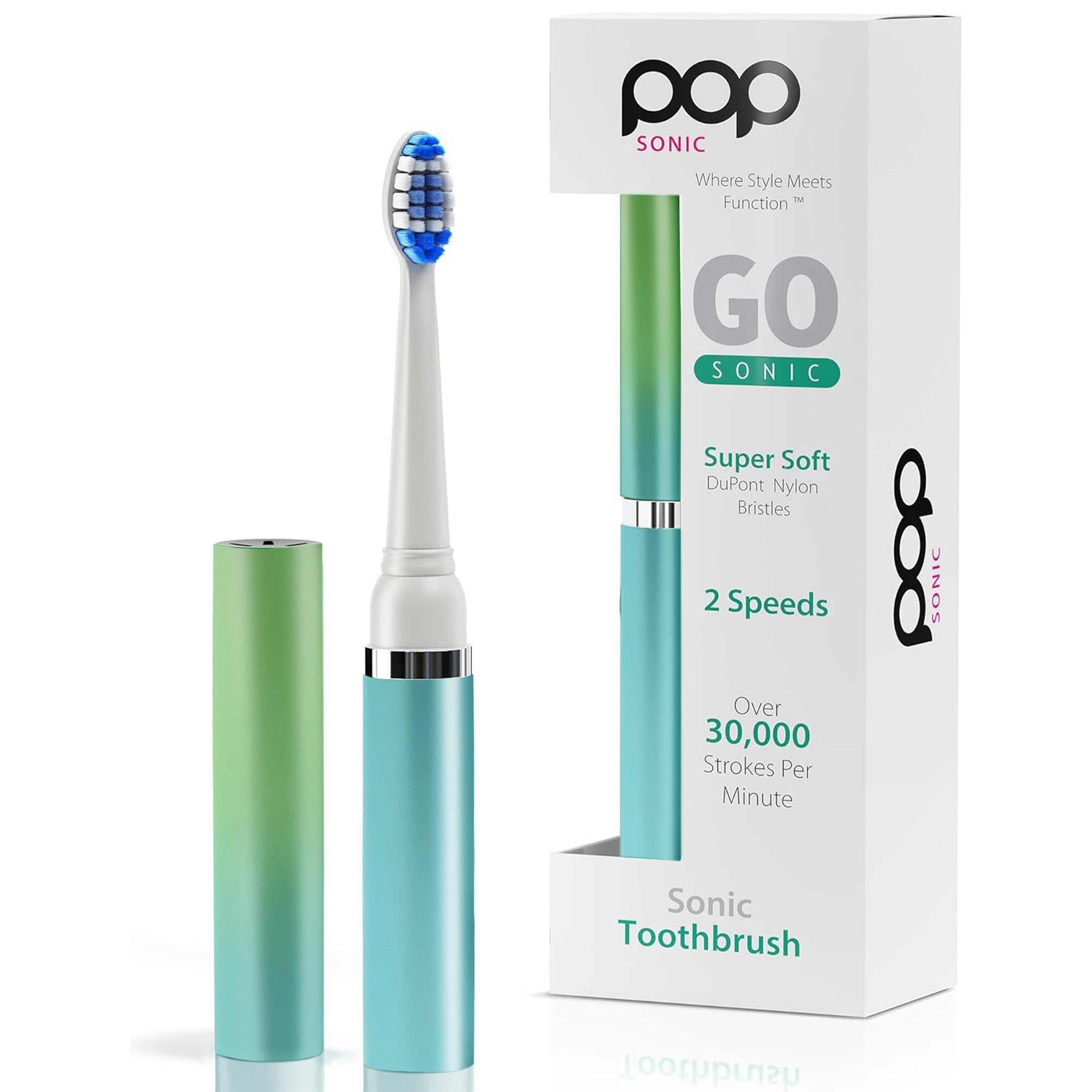 Blue and green ombre sonic toothbrush with packaging on a white background