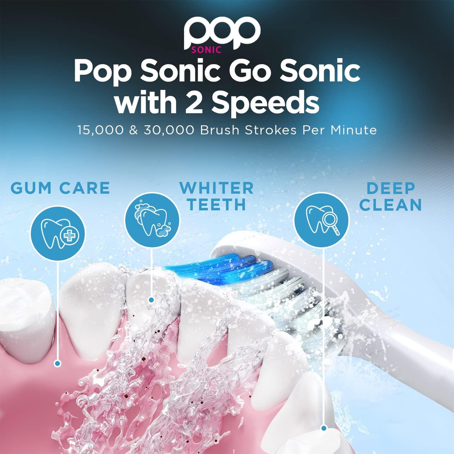 Pop Sonic Go Sonic toothbrush with features for gum care, whiter teeth, and deep clean on a blue background.
