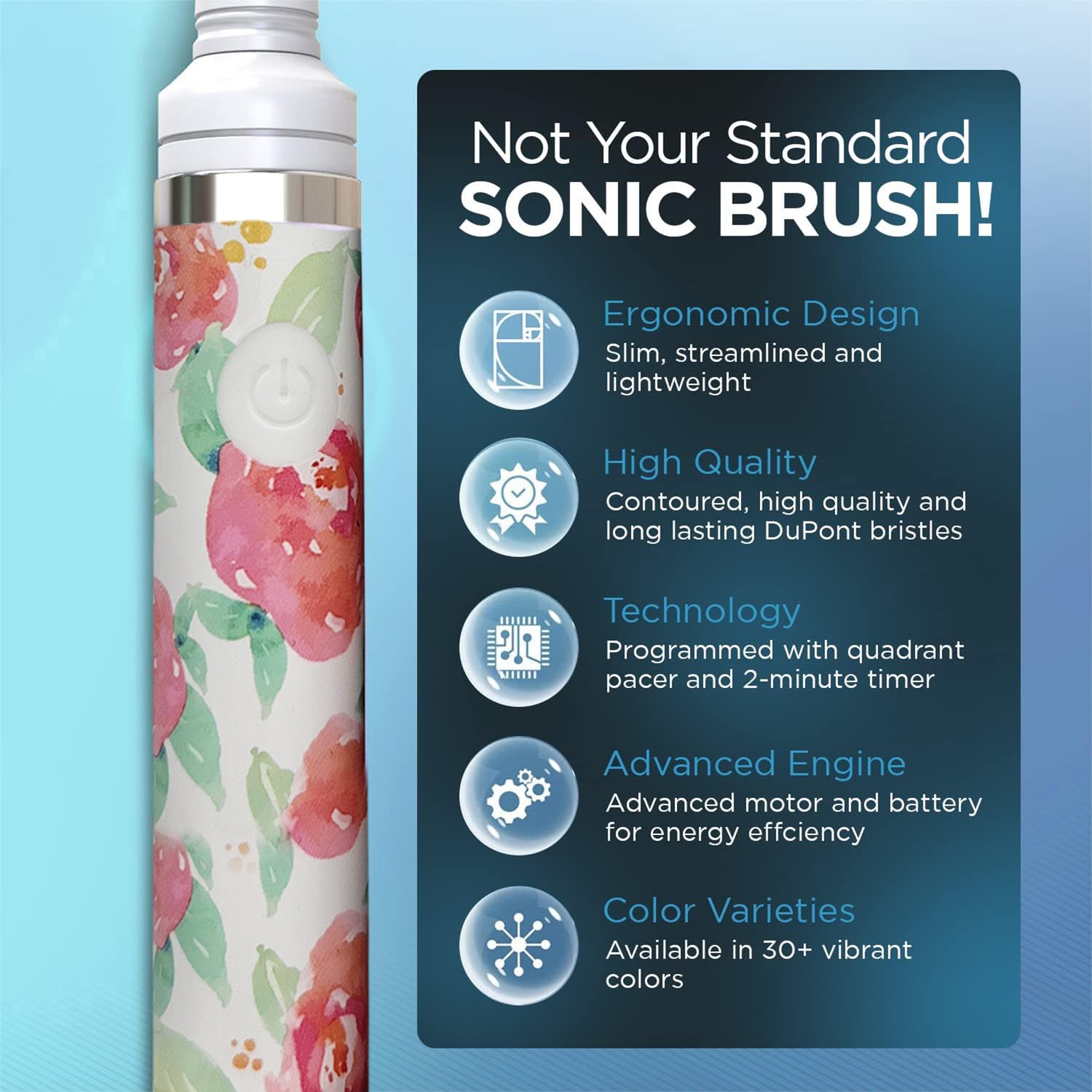 Floral-patterned sonic brush with feature list about ergonomic design, high quality, technology, advanced engine, and color varieties.
