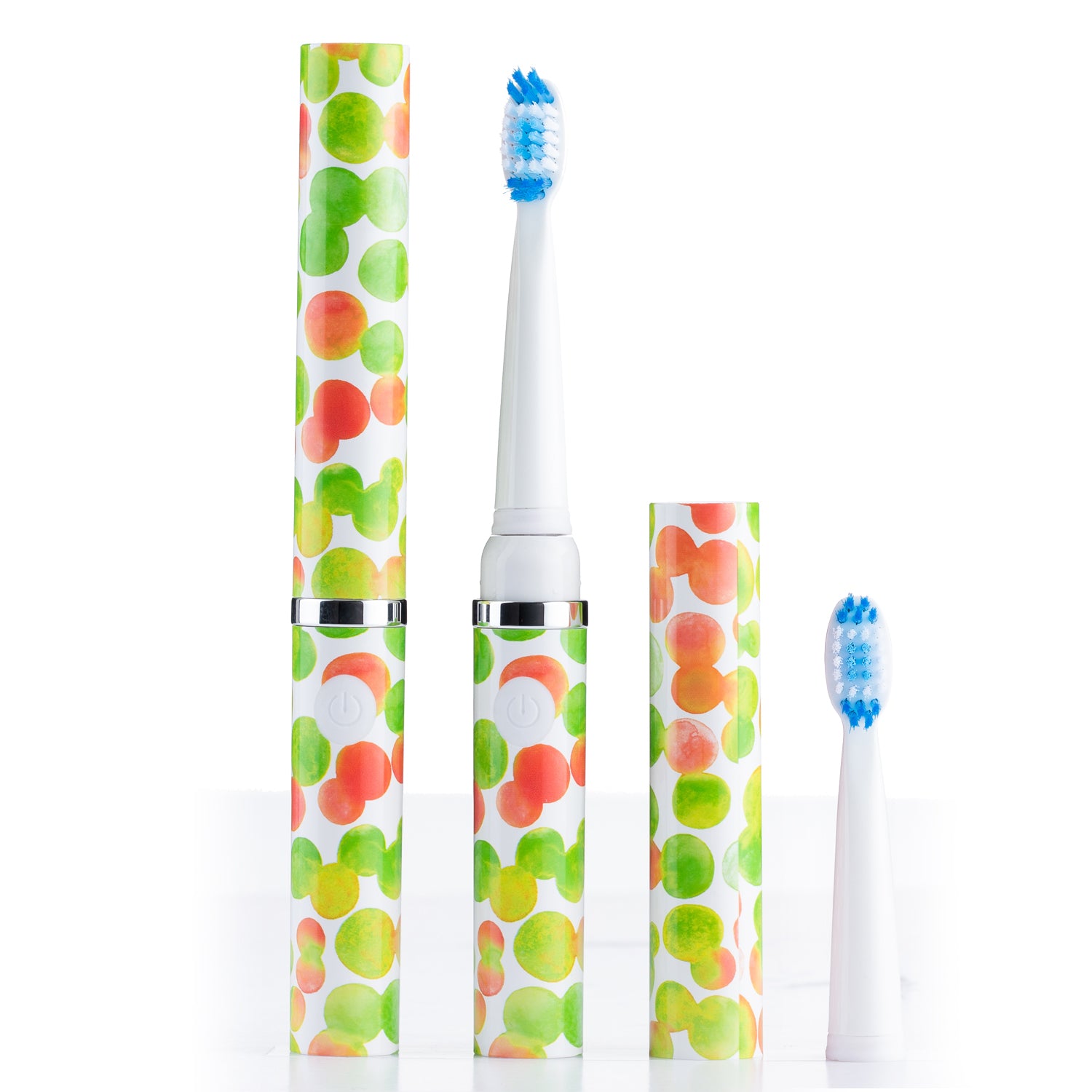 Electric toothbrush set with colorful handle design on a white background