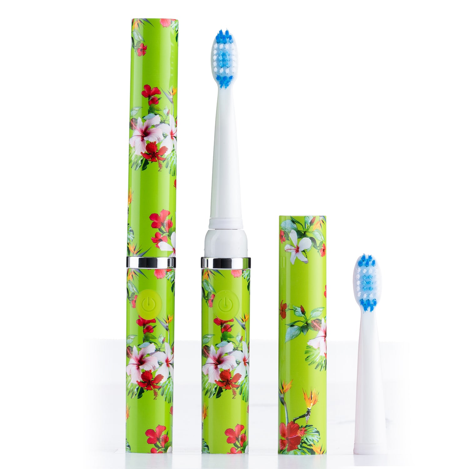 Electric toothbrush with floral design on a white background