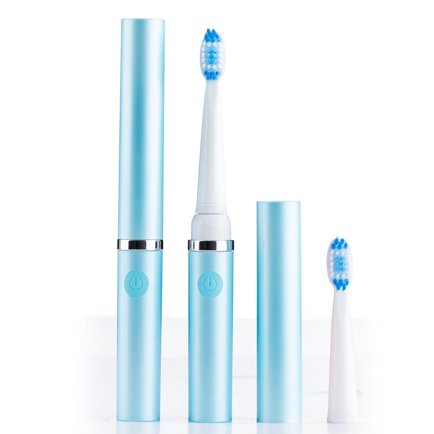 Set of blue electric toothbrushes with white handles on a white background