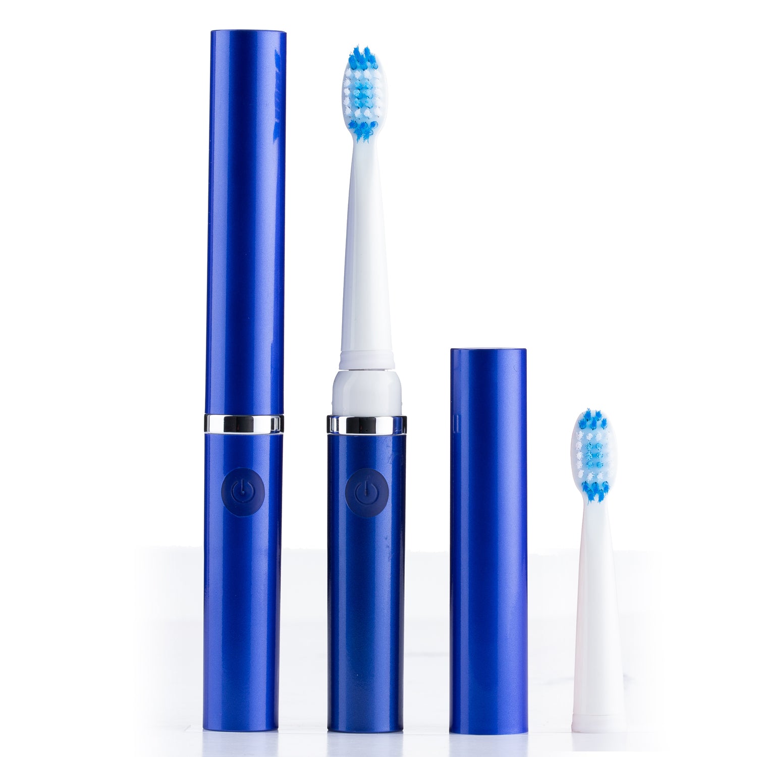 Blue electric toothbrush set with two brush heads on a white background