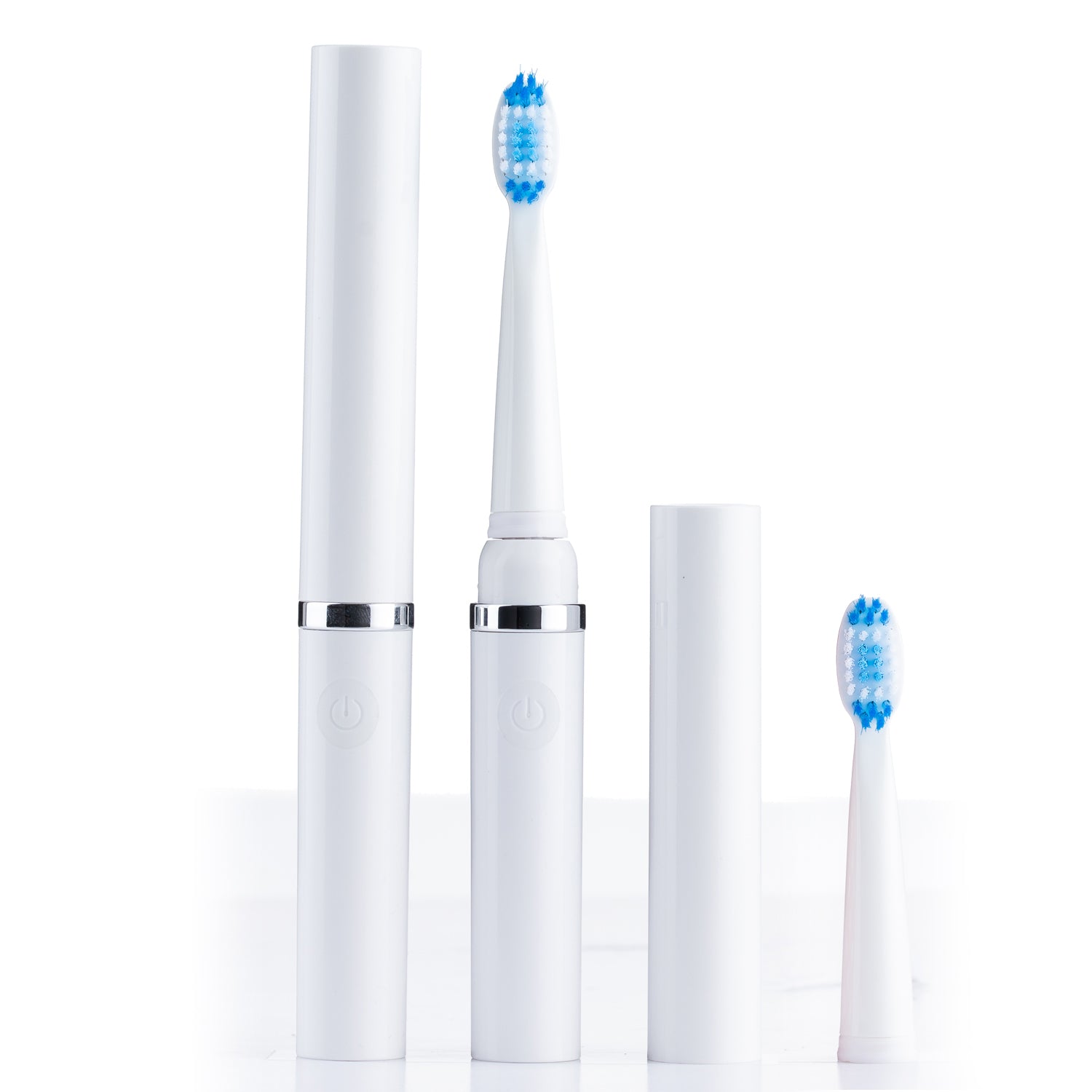 White electric toothbrush with blue bristles and packaging on a white background