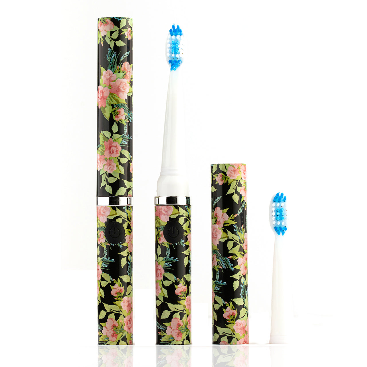 Electric toothbrush with floral design packaging on a white background