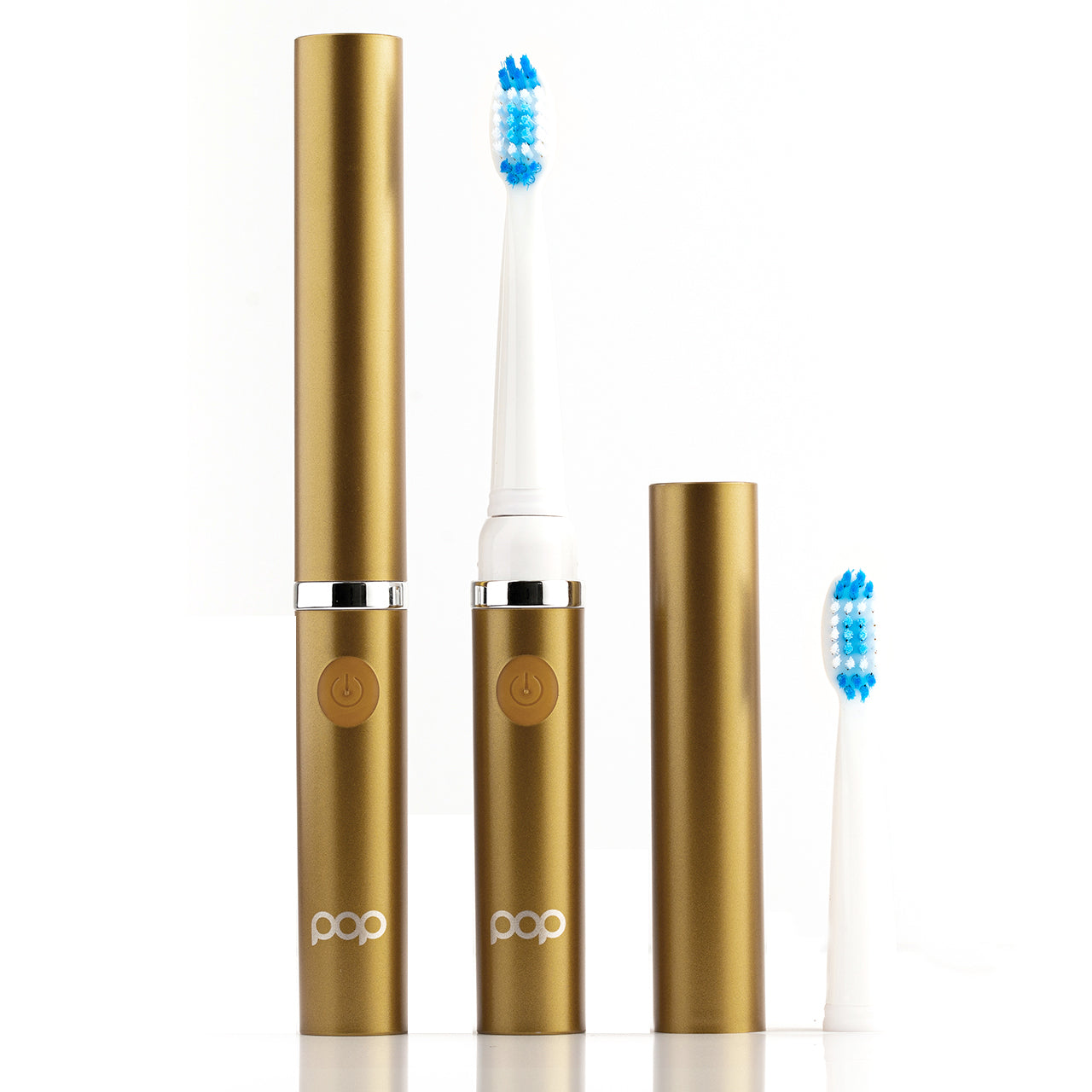 Gold and white toothbrush with blue bristles on a white background