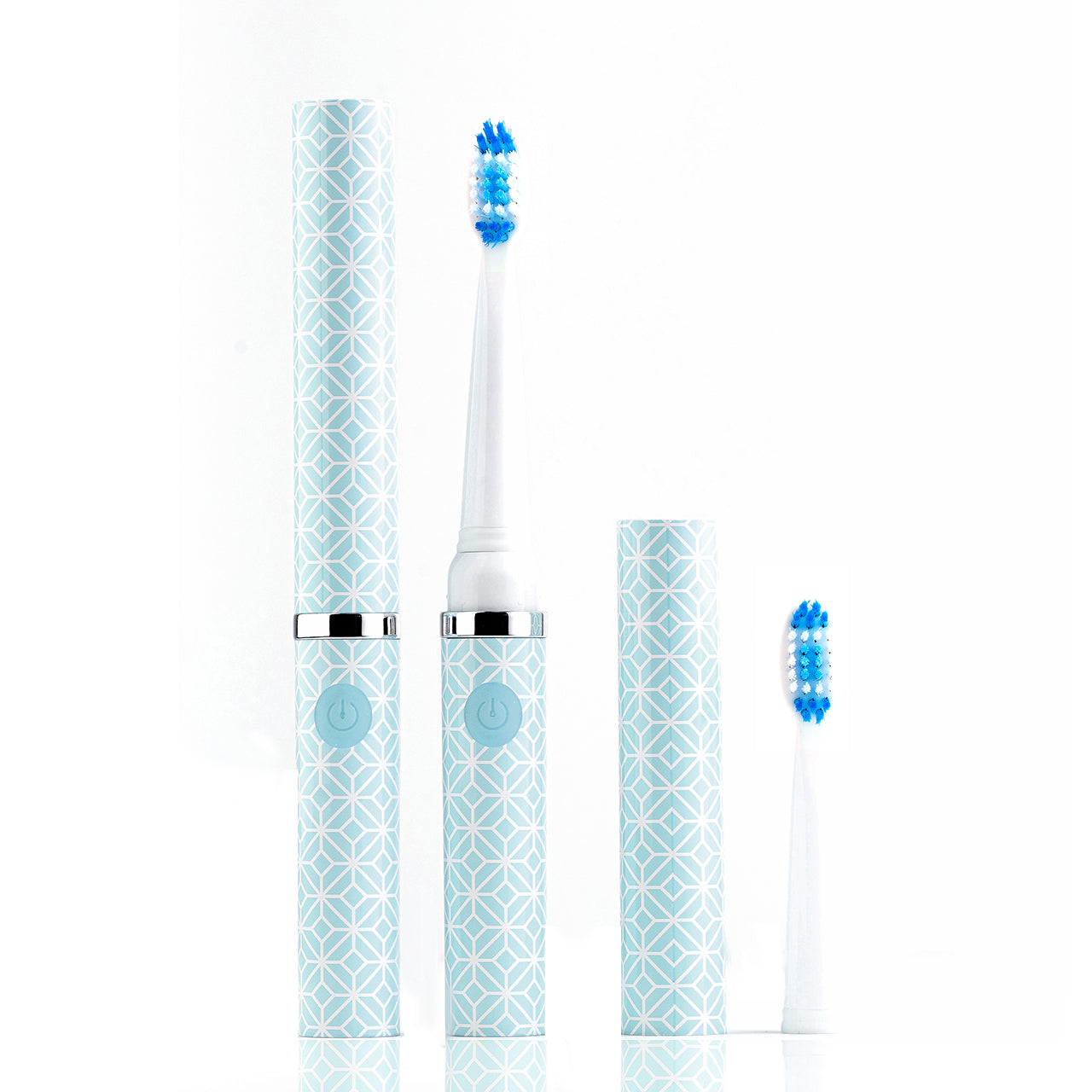 Electric toothbrush set with blue bristles and geometric patterned case on a white background