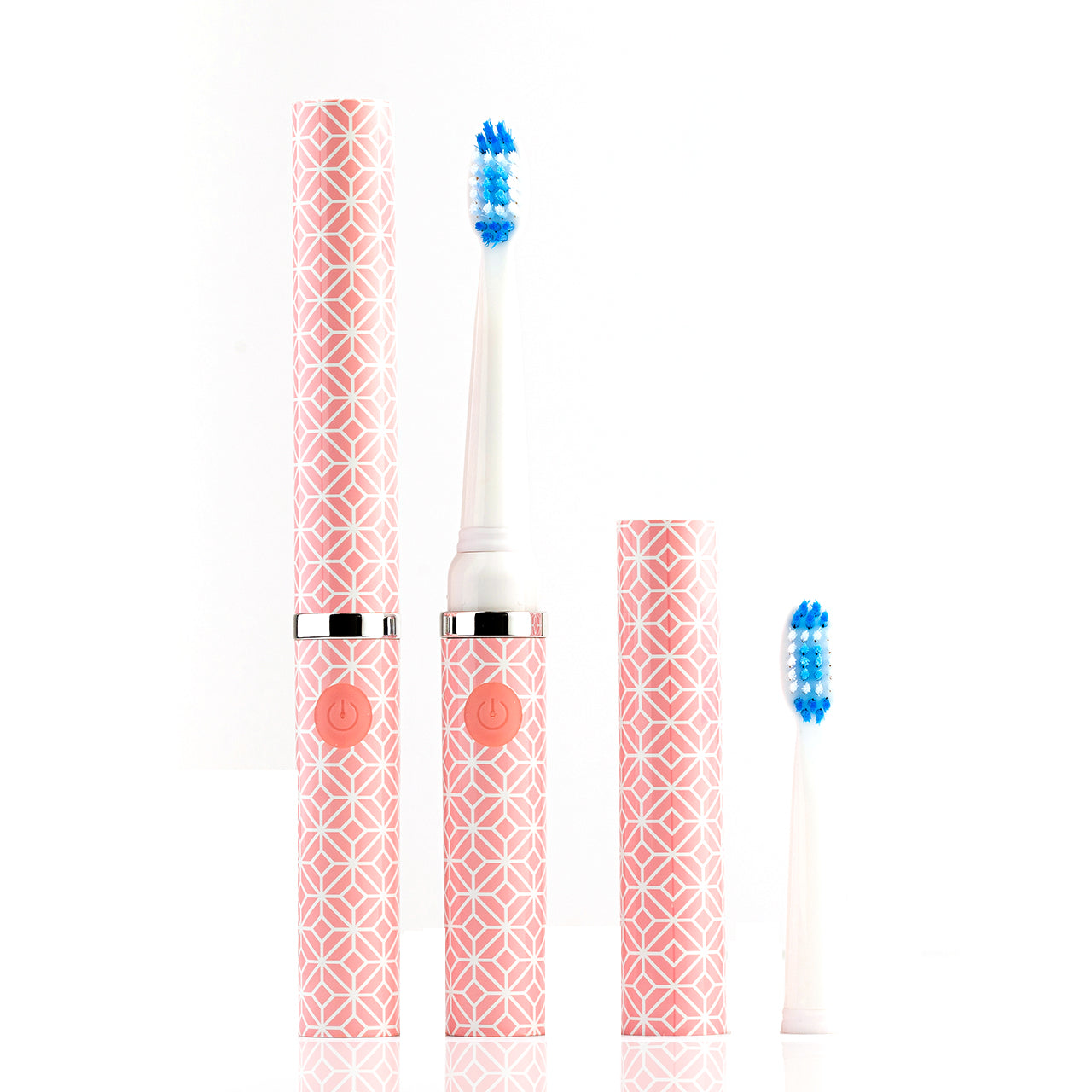 Electric toothbrush with pink and white patterned cases on a white background