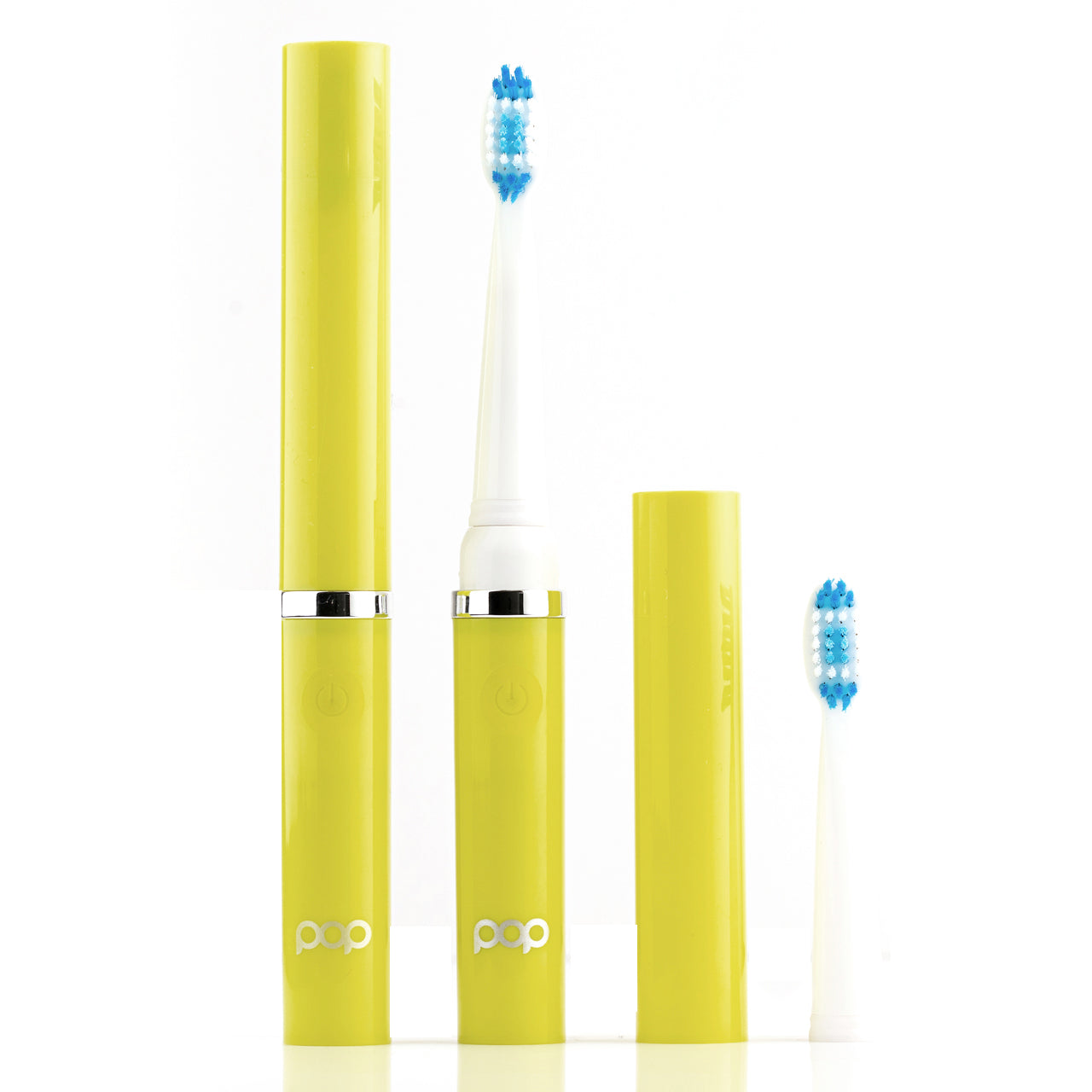 Yellow electric toothbrush with blue bristles on a white background