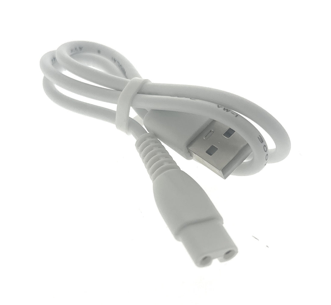White USB cable on a white background.