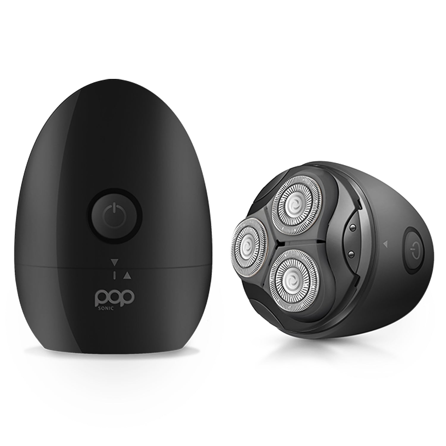 Black electric shaver with charging base on a white background