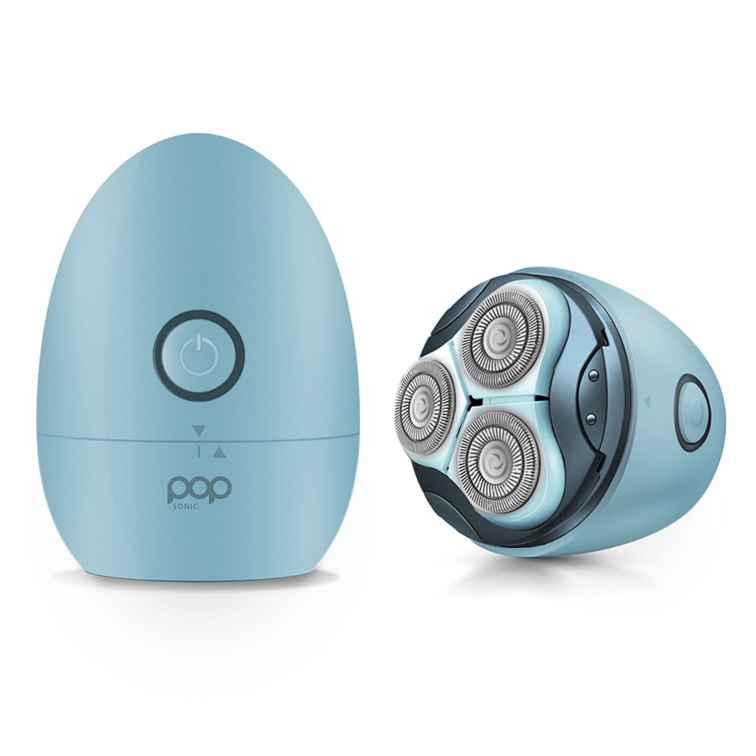 Blue electric shaver with charging base on a white background