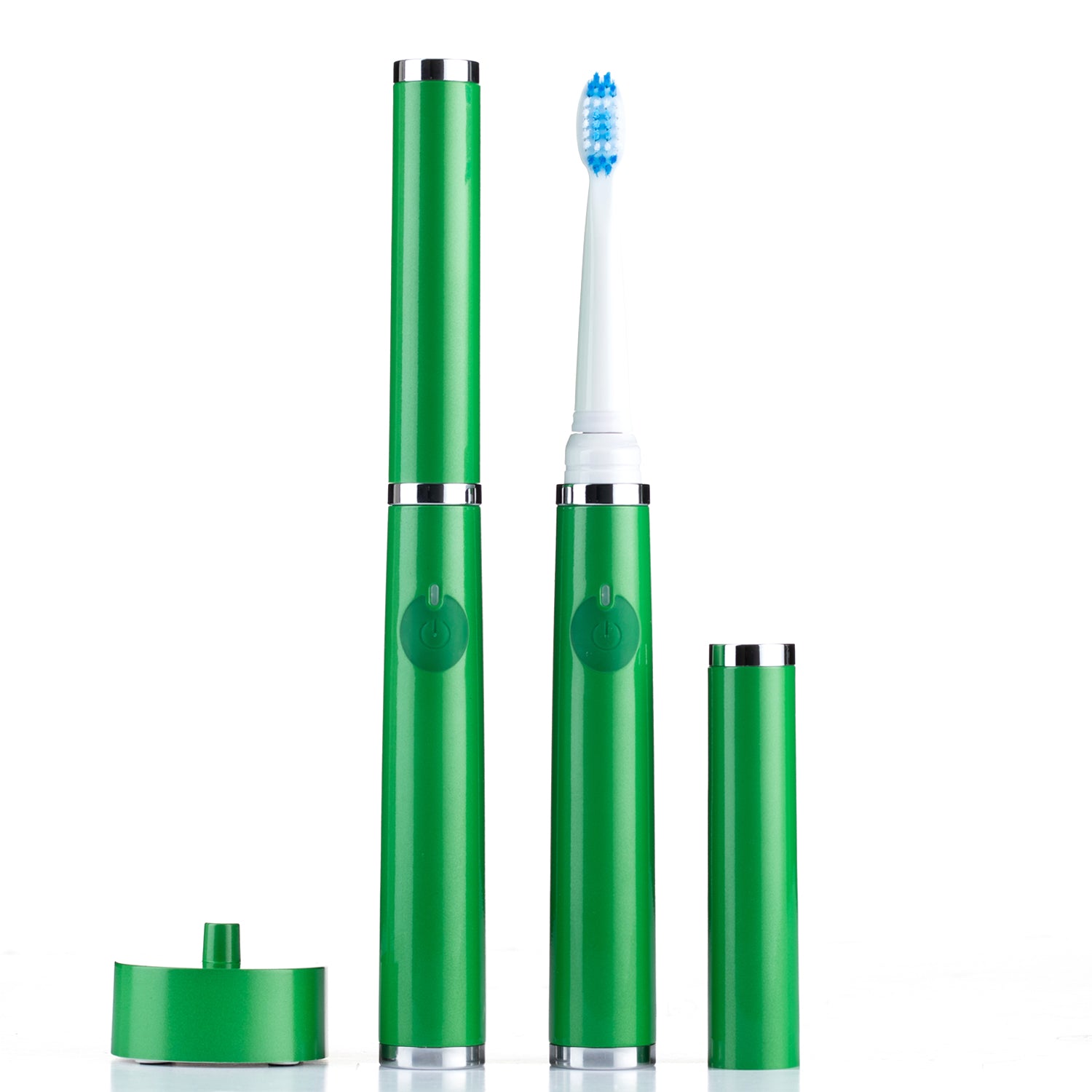 Green electric toothbrush on a white background