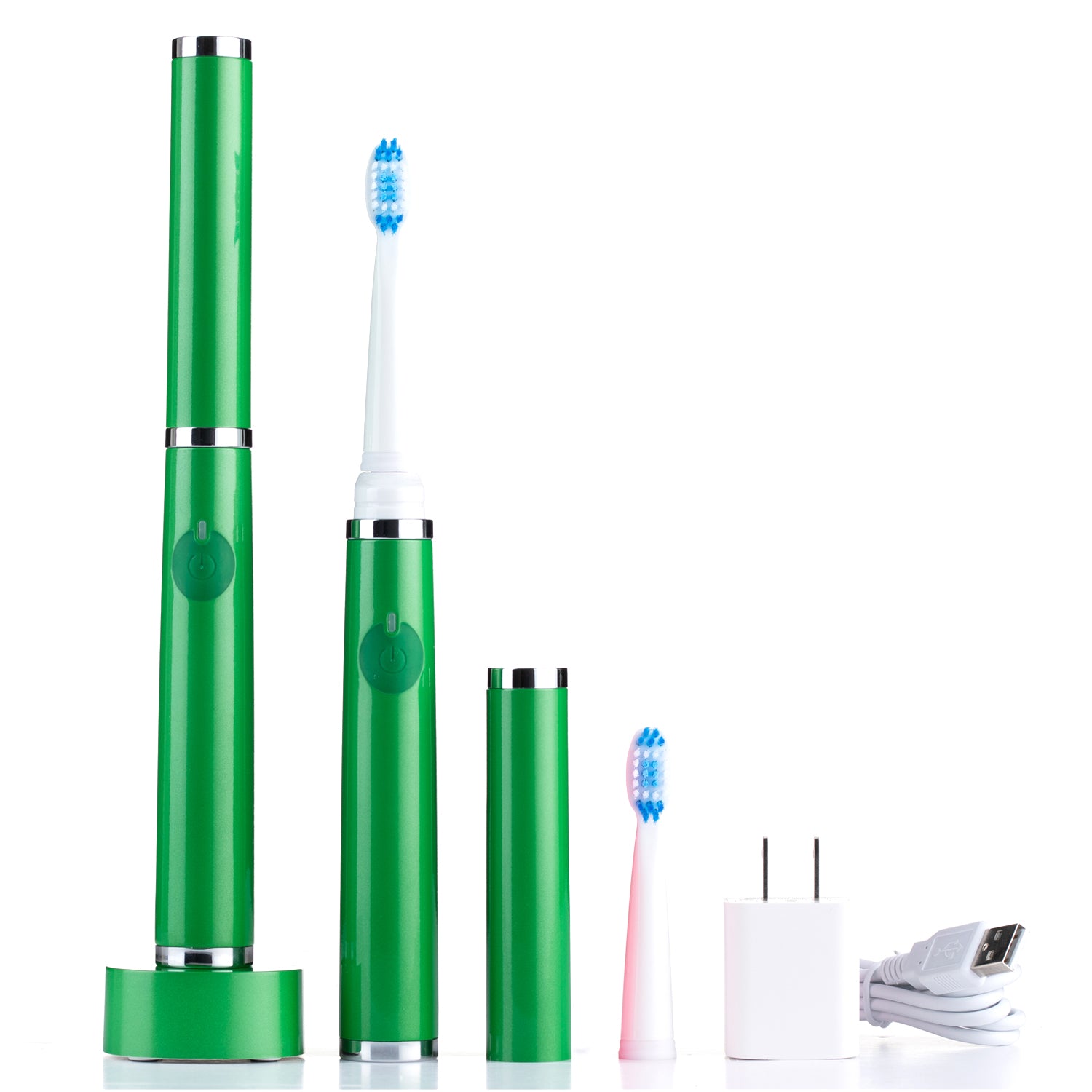 Green electric toothbrush set with charging cable on a white background