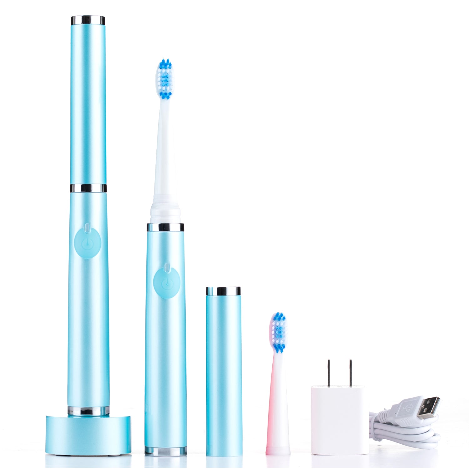 Set of blue electric toothbrushes with charging case on a white background