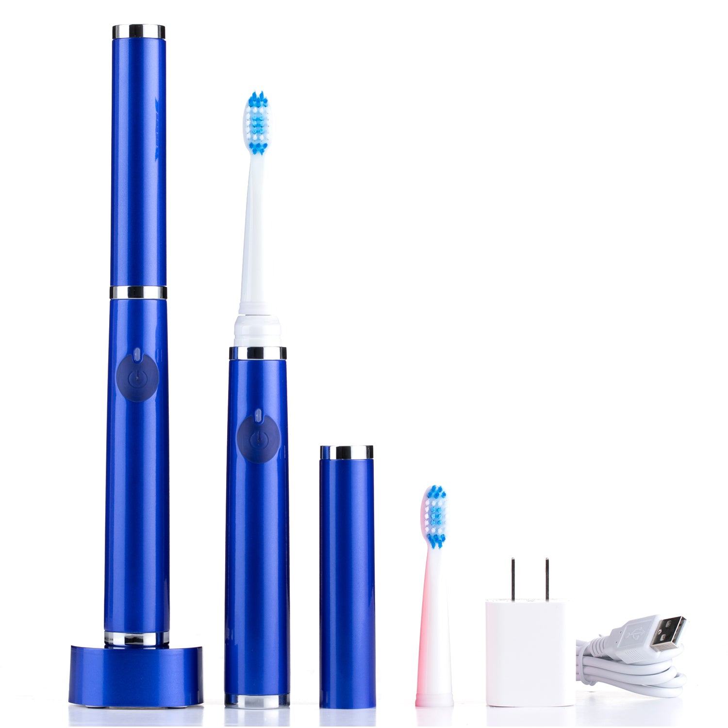 Set of blue electric toothbrushes with charging cable on a white background