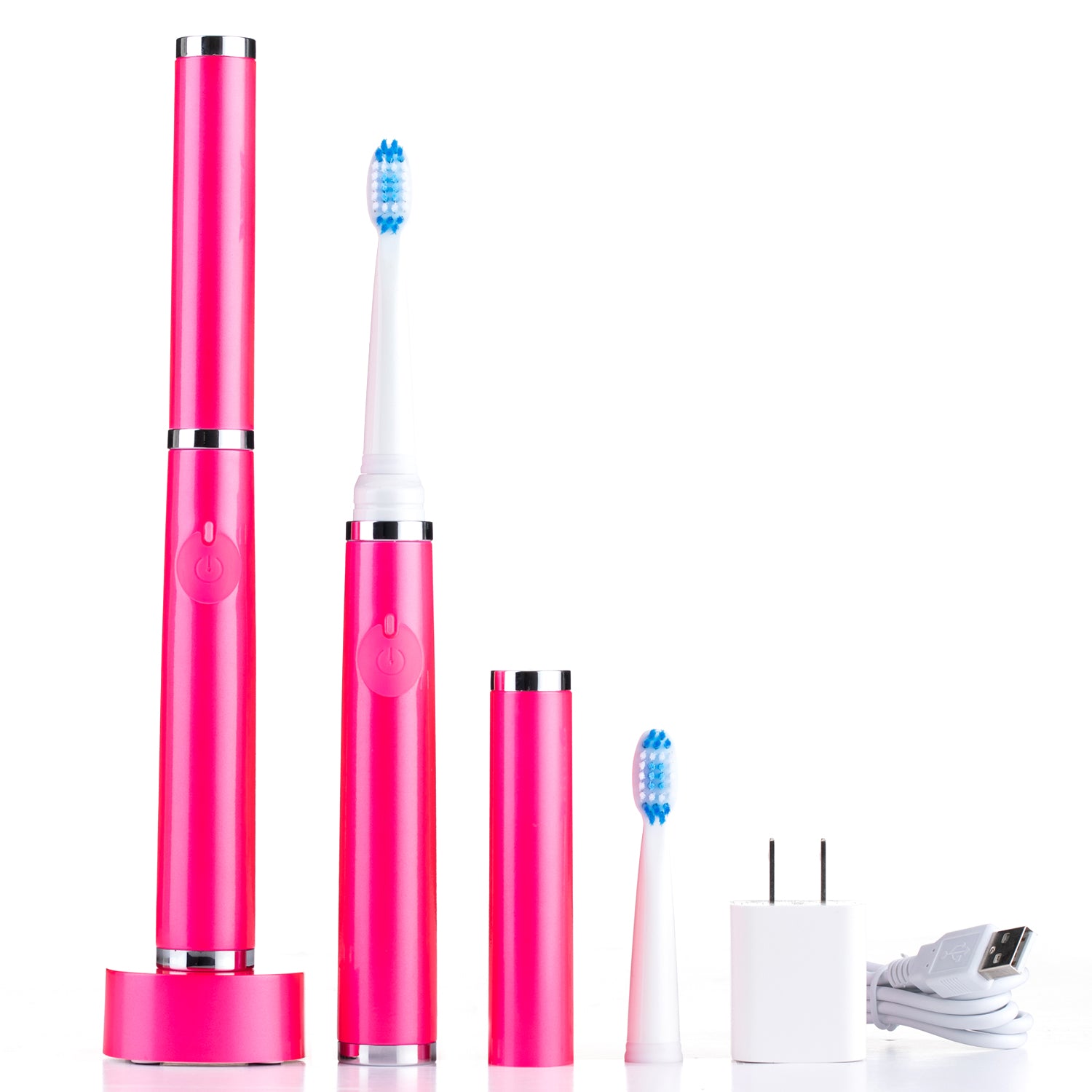 Pink electric toothbrush set with charging stand and brush heads on a white background
