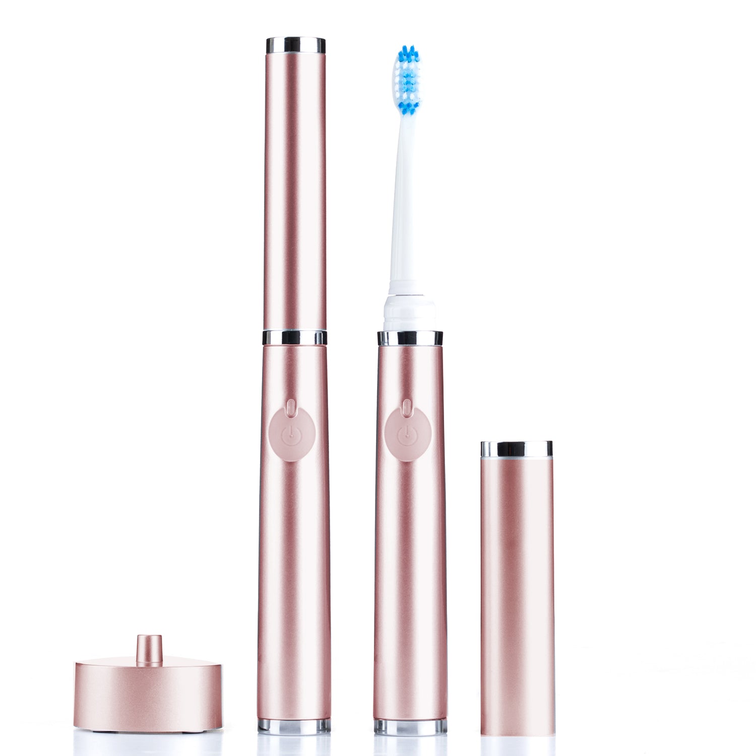 Set of rose gold electric toothbrushes on a white background