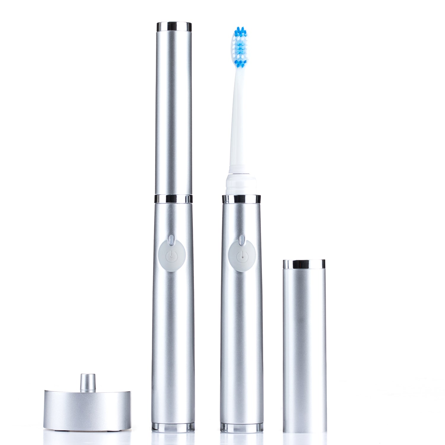 Set of silver electric toothbrushes a white background