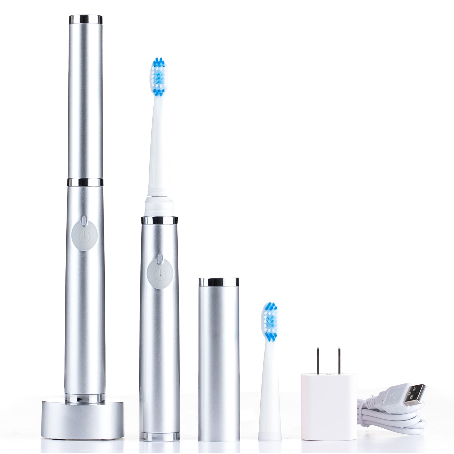 Set of electric toothbrushes with charging stand on a white background