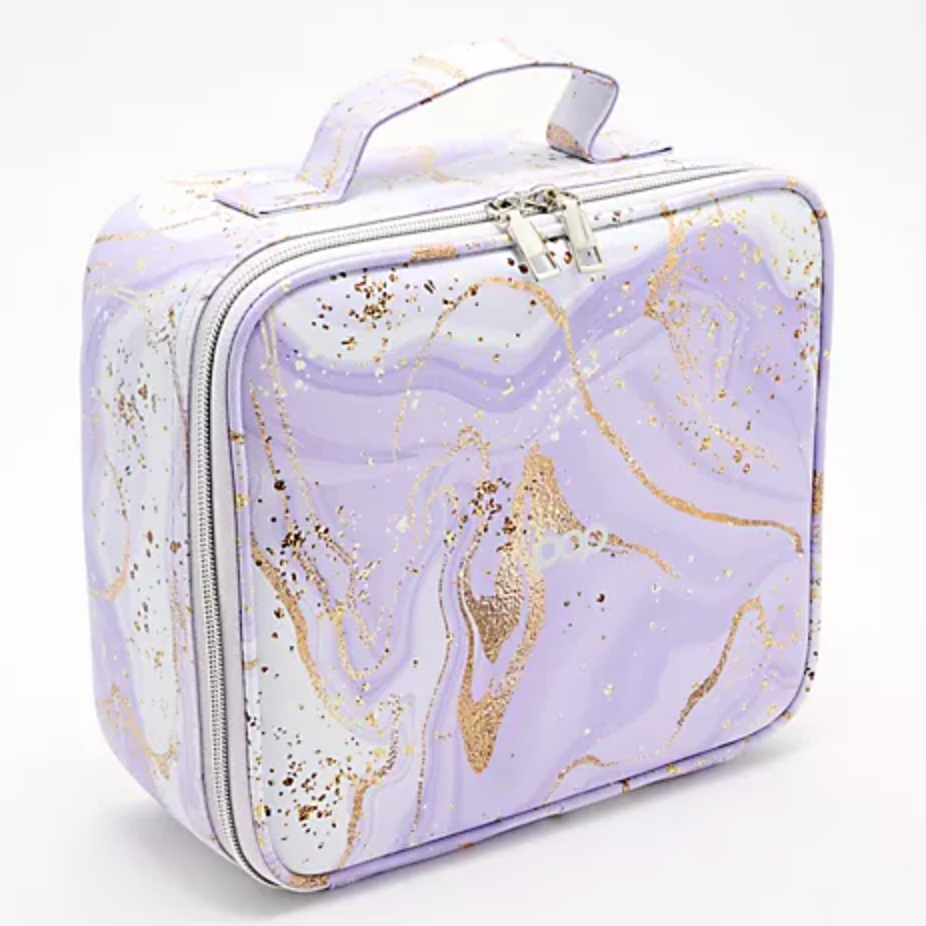 LED Makeup and Nailcare Cosmetic Case in Marble Purple, zipped up and closed, white background