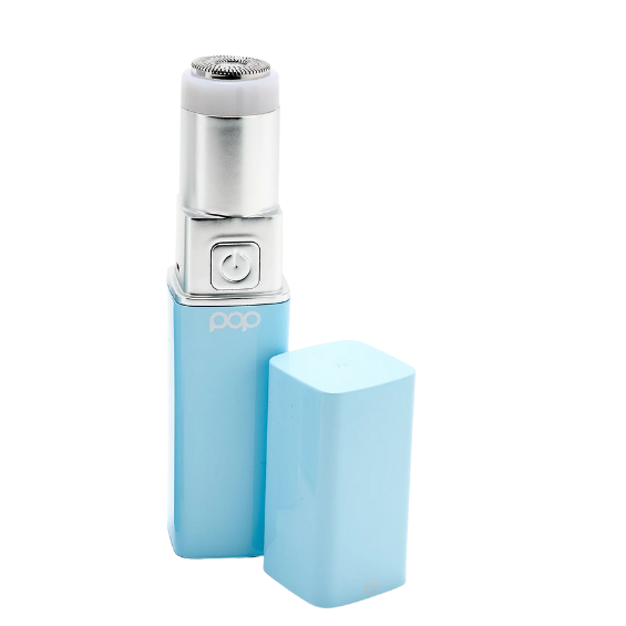 Blue electronic device with silver top on a white background