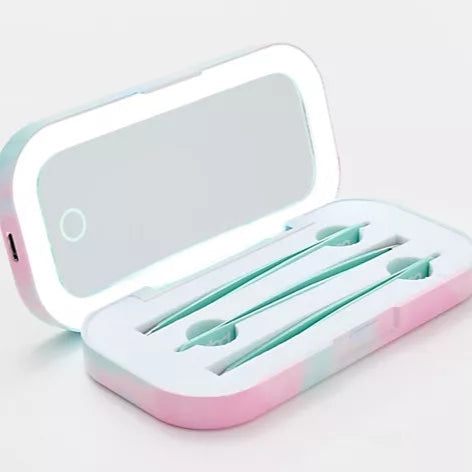 Image of the Pastel Tweezer Kit, open to display the 3 tweezers in the case with the LED light on