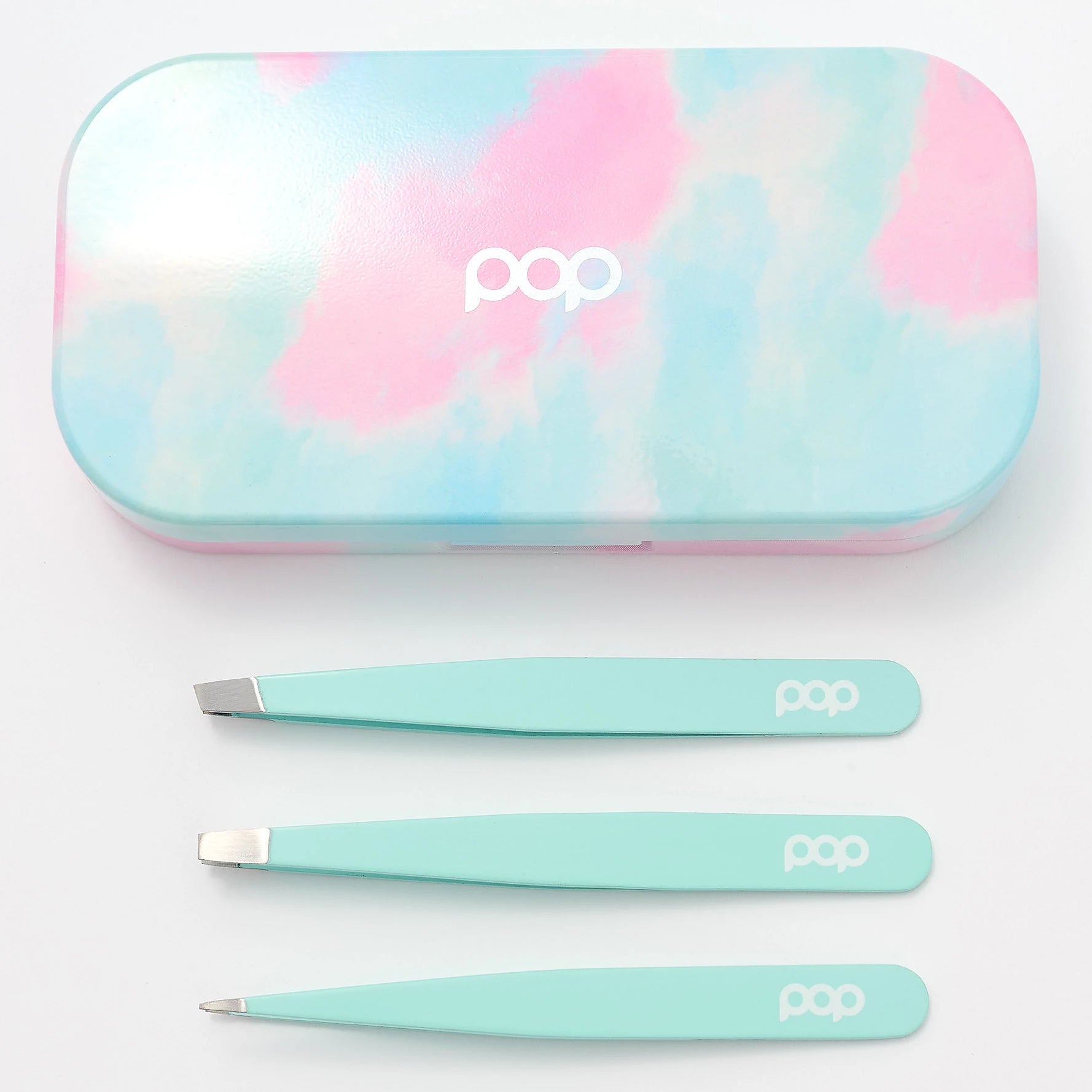 Image of the Pastel Tweezer Kit closed, with the 3 tweezers displayed outside of the case, all with a white background
