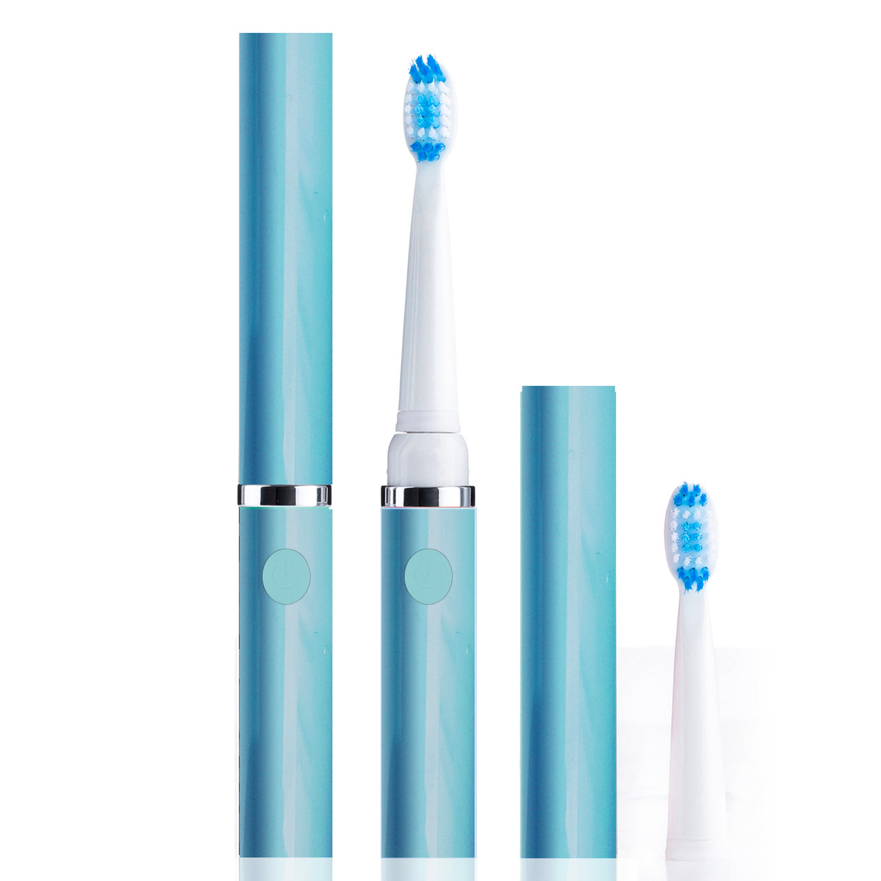 Set of blue electric toothbrushes with travel case on a white background