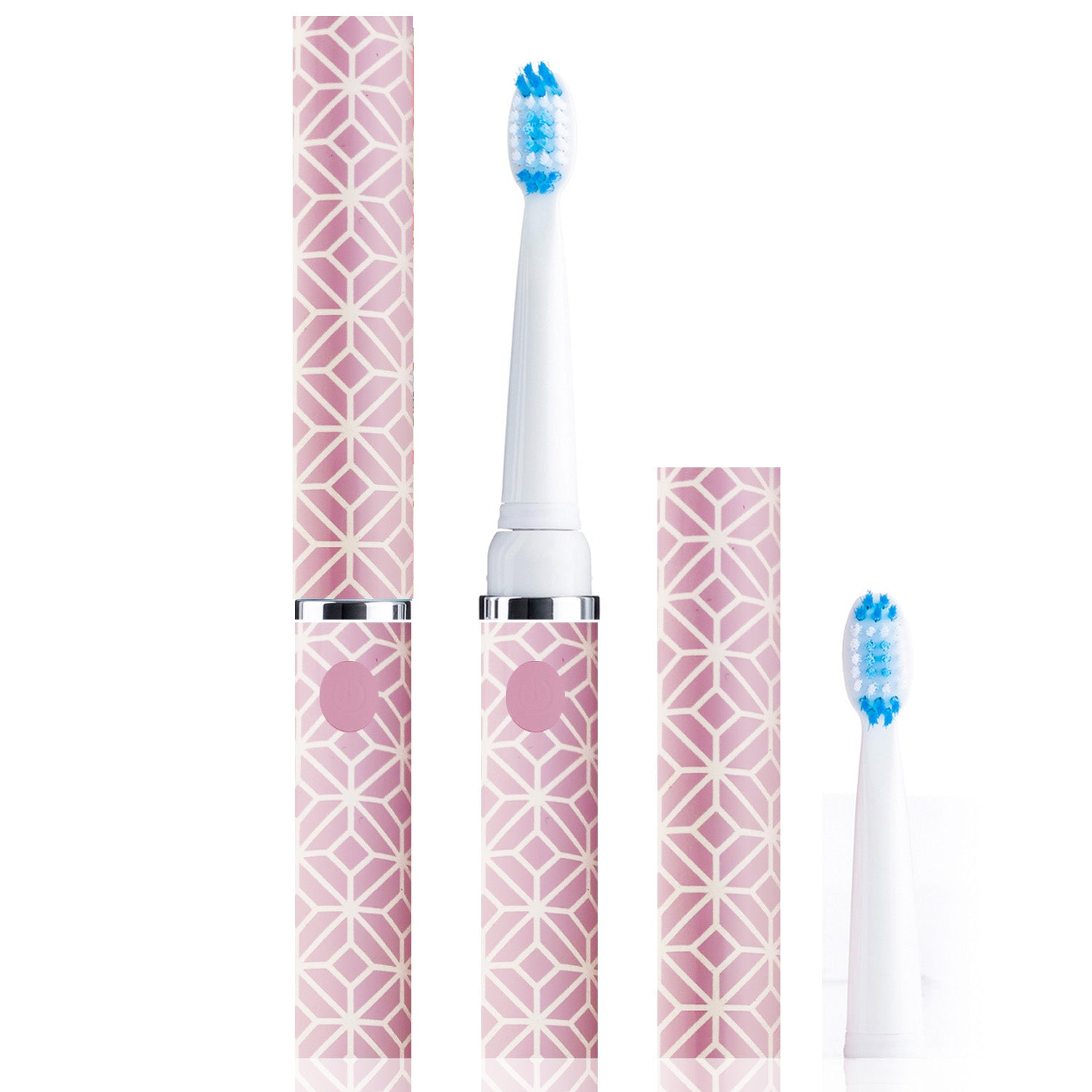 Electric toothbrush with pink geometric pattern and white bristles on a white background