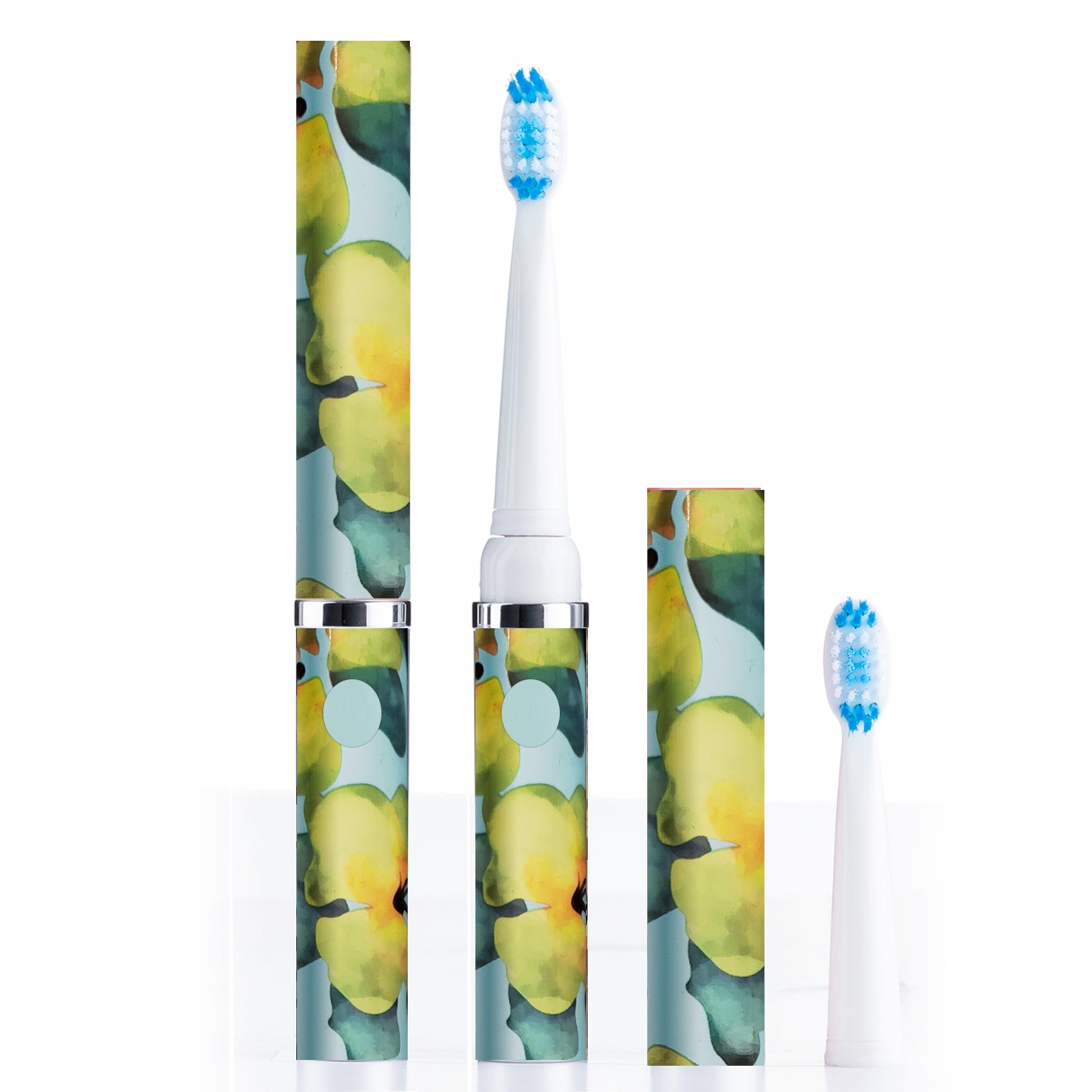 Electric toothbrush with leaf-patterned case on a white background