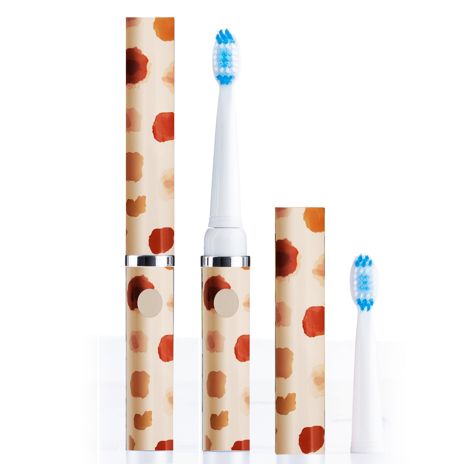 Electric toothbrush with brown and red patterned handle and matching brush head on a white background