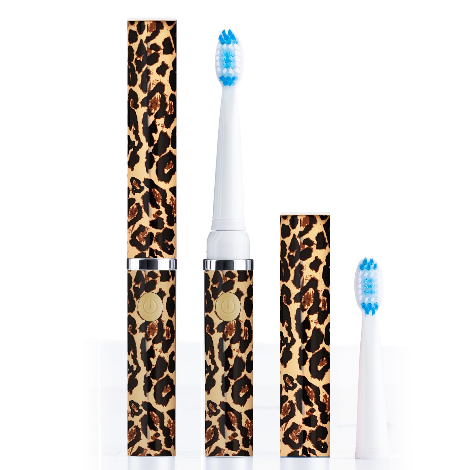 Electric toothbrush with leopard print case on a white background