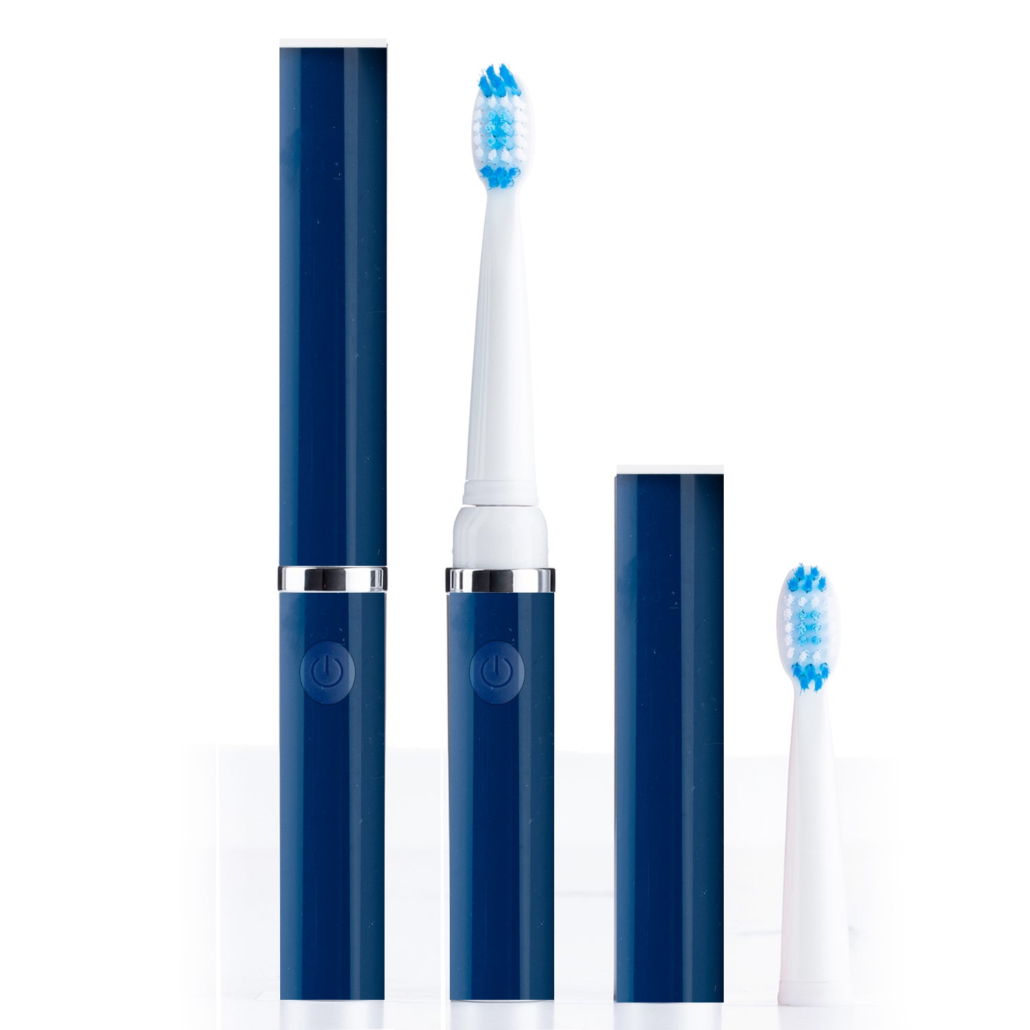Set of blue and white electric toothbrushes on a white background