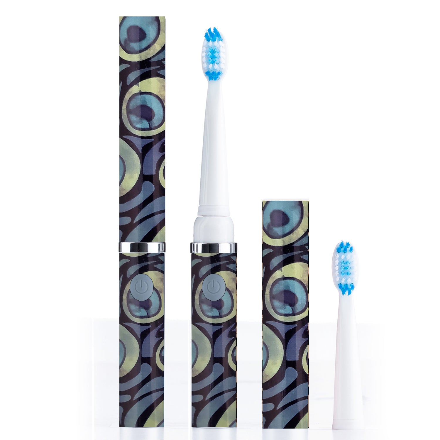Electric toothbrush with patterned case and additional brush head on a white background