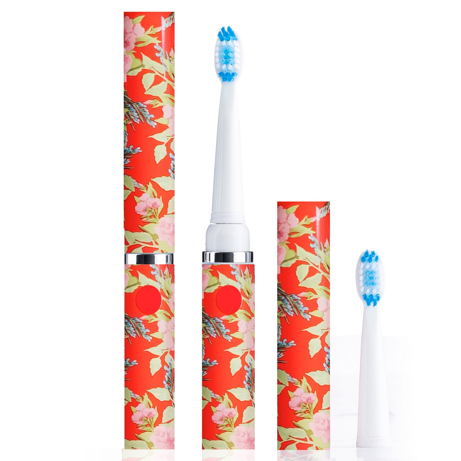Floral-patterned electric toothbrush and case on a white background