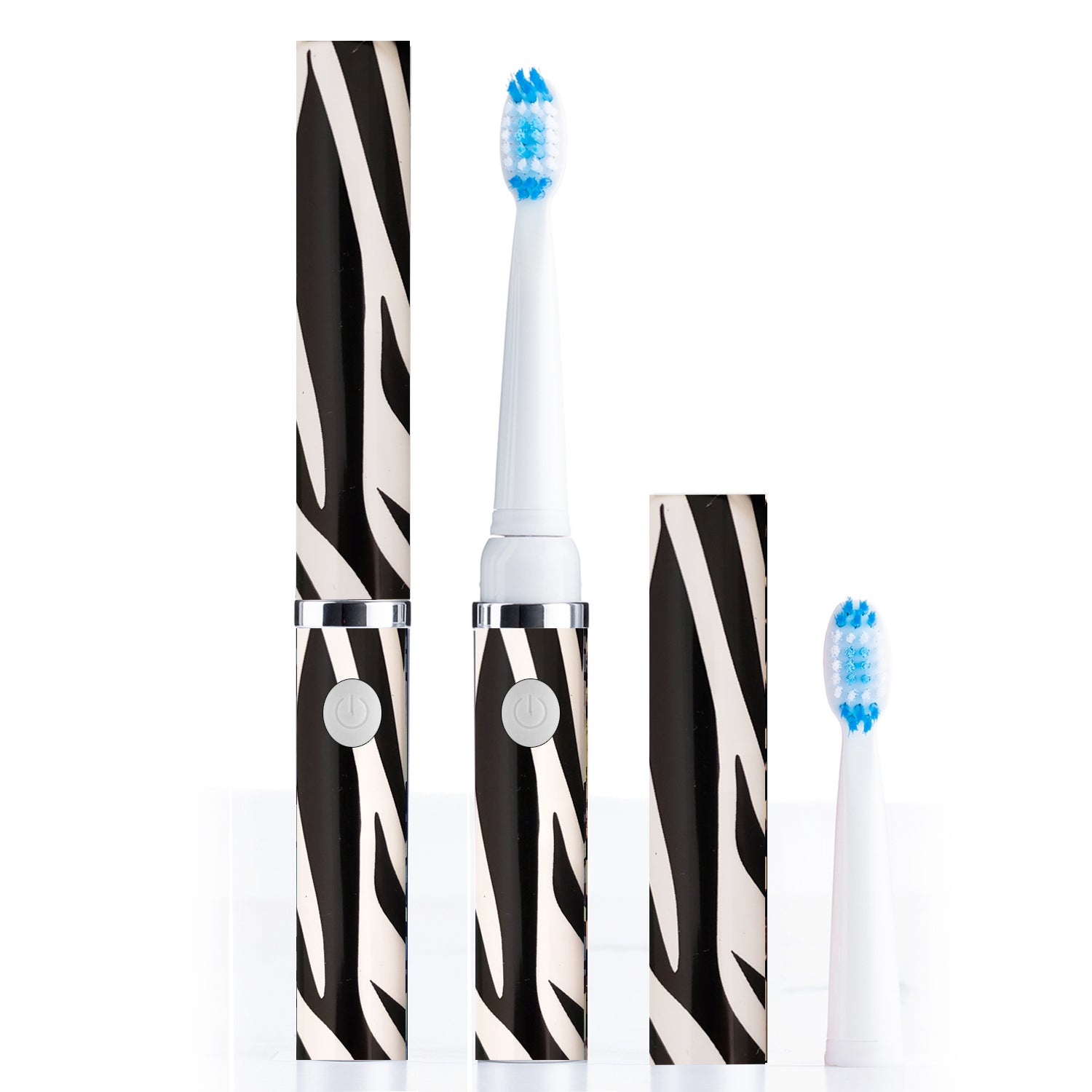 Electric toothbrush with zebra-patterned handle and packaging on a white background