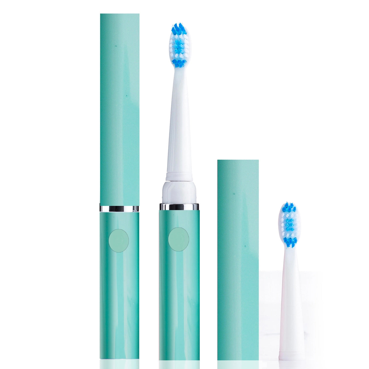 Turquoise electric toothbrush with white handle and blue bristles on a white background