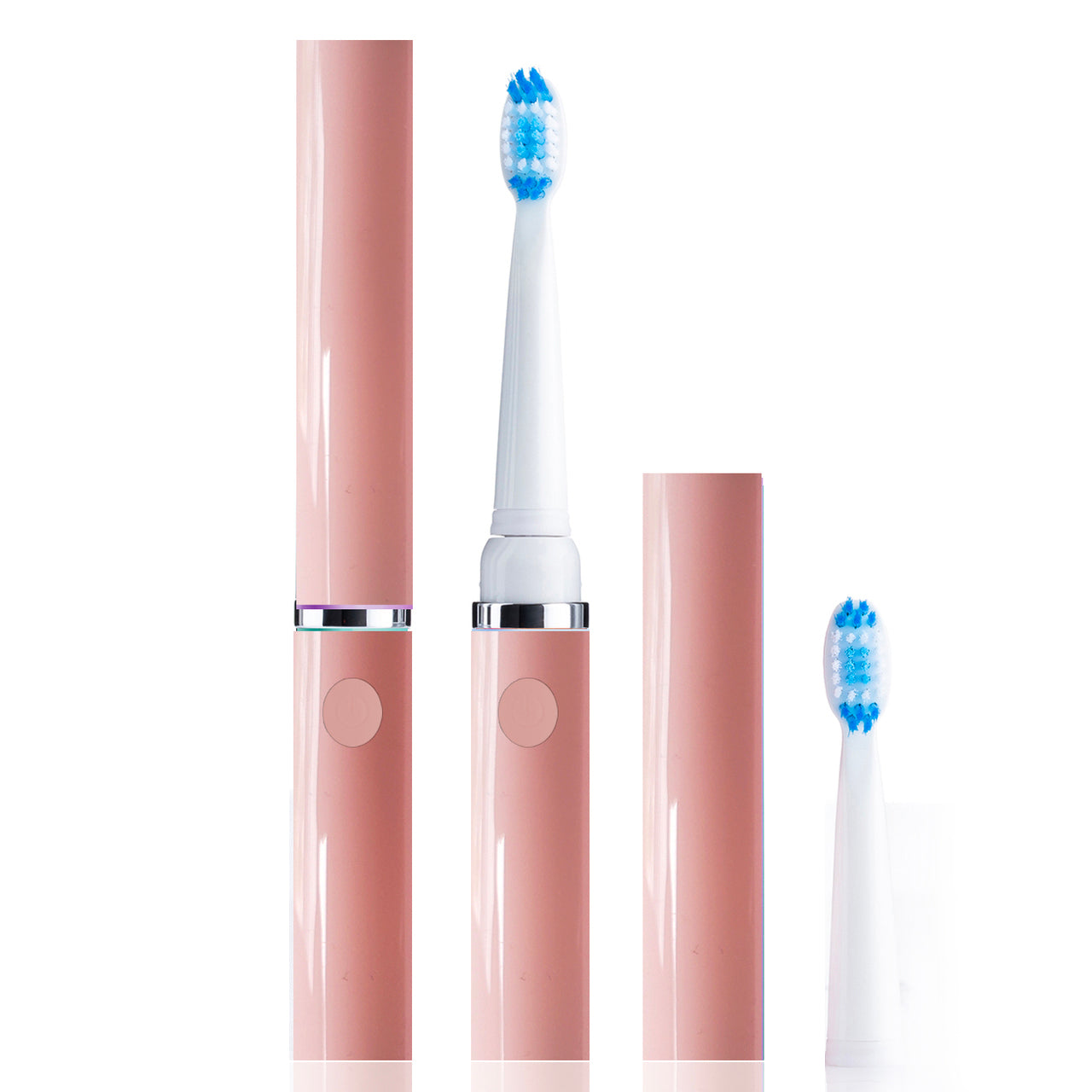 Pink electric toothbrush with white bristles on a white background